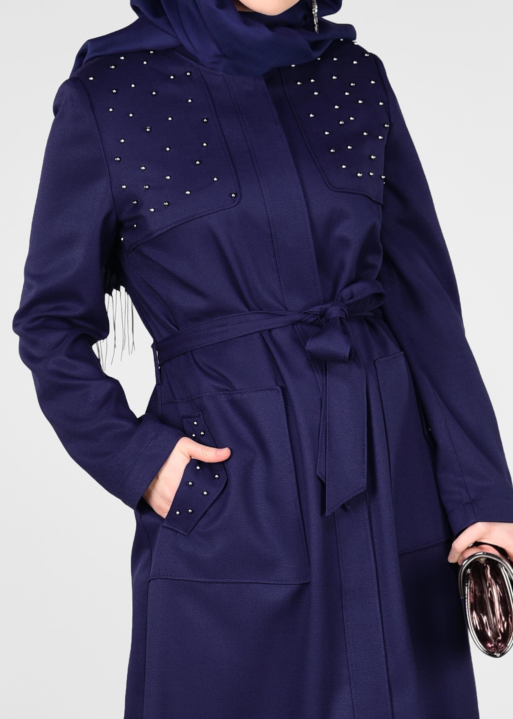 Tesettür giyim LACİVERT BONCUK İŞLEMELİ KUŞAKLI PARDESÜ 1254