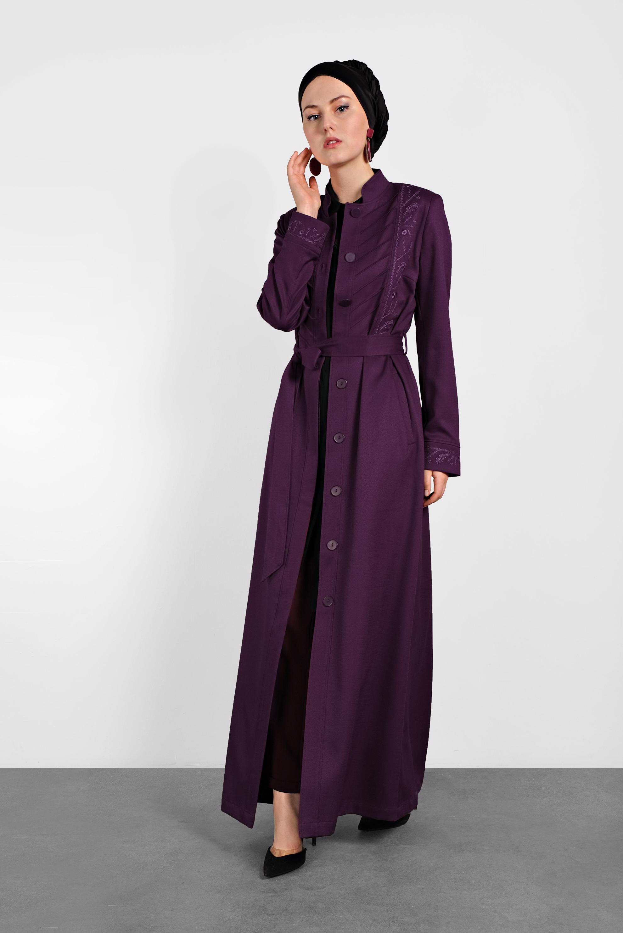 Tesettür giyim MOR HAKİM YAKA NAKIŞLI PARDESÜ 1257 