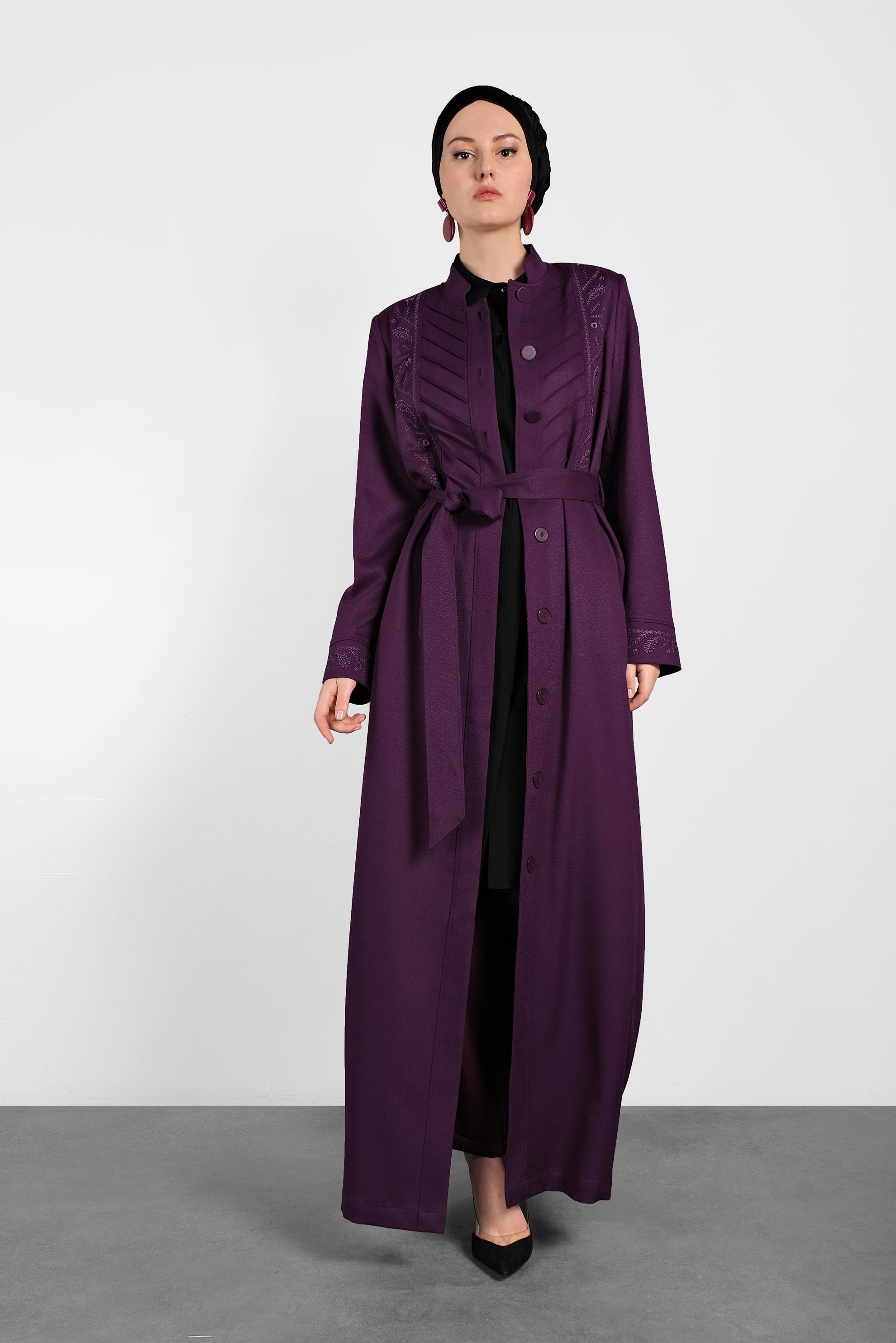 Tesettür giyim MOR HAKİM YAKA NAKIŞLI PARDESÜ 1257 