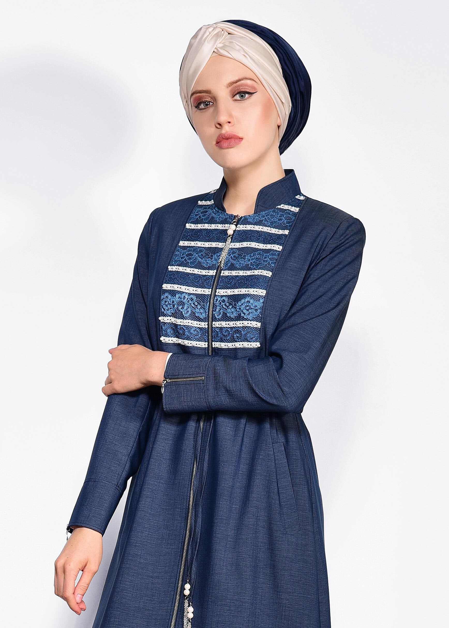 Tesettür giyim LACİVERT FERMUARLI GÜPÜR DETAYLI PARDESÜ 1262