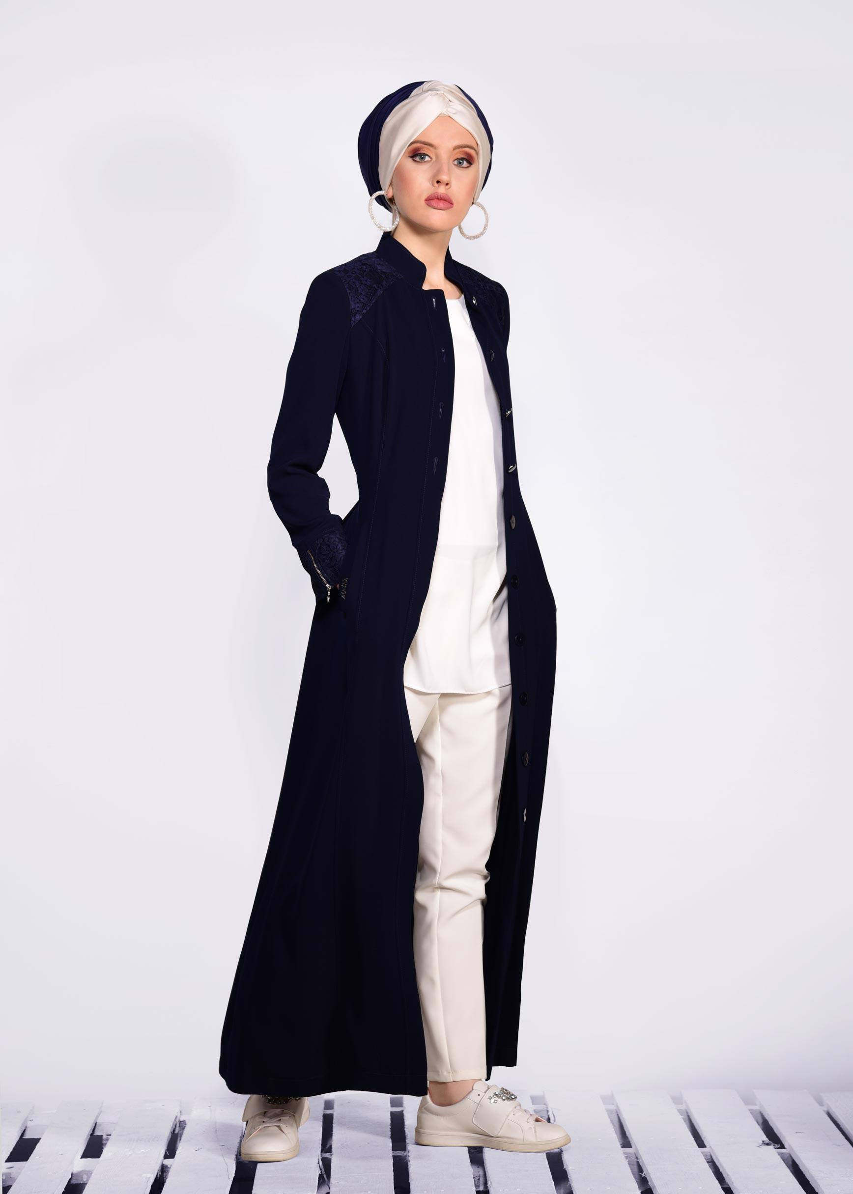 Tesettür giyim LACİVERT GÜPÜR DETAYLI DÜĞMELİ PARDESÜ 1264