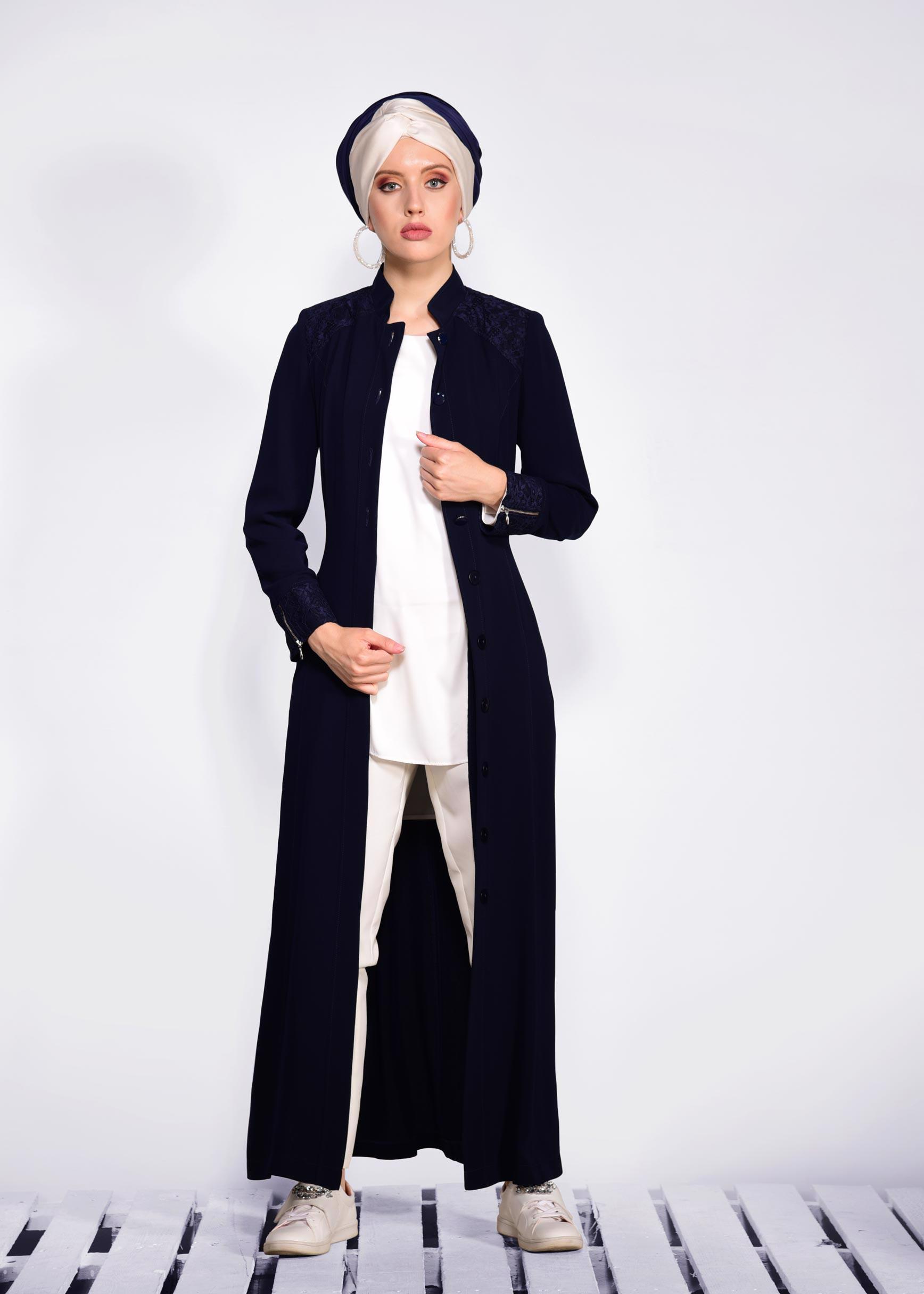 Tesettür giyim LACİVERT GÜPÜR DETAYLI DÜĞMELİ PARDESÜ 1264