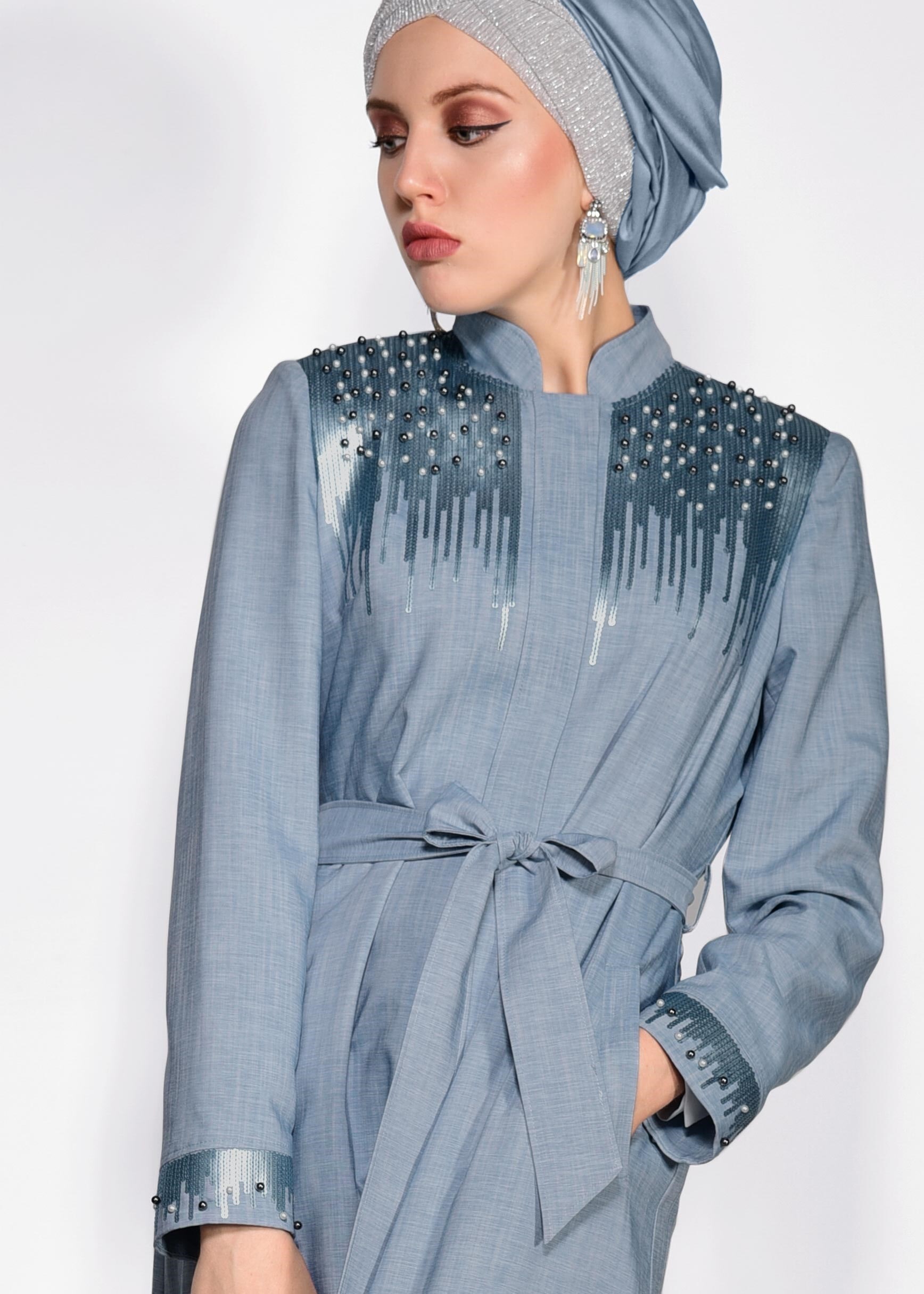 Tesettür giyim MAVİ PULLU BONCUKLU PARDESÜ 1276
