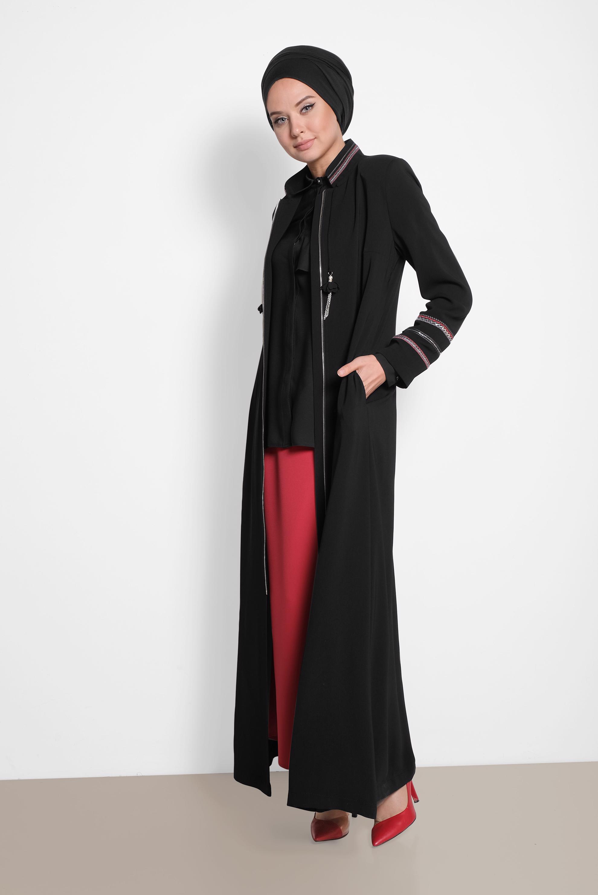 Tesettür giyim SİYAH HAKİM YAKA PUL İŞLEMELİ PARDESÜ 1278