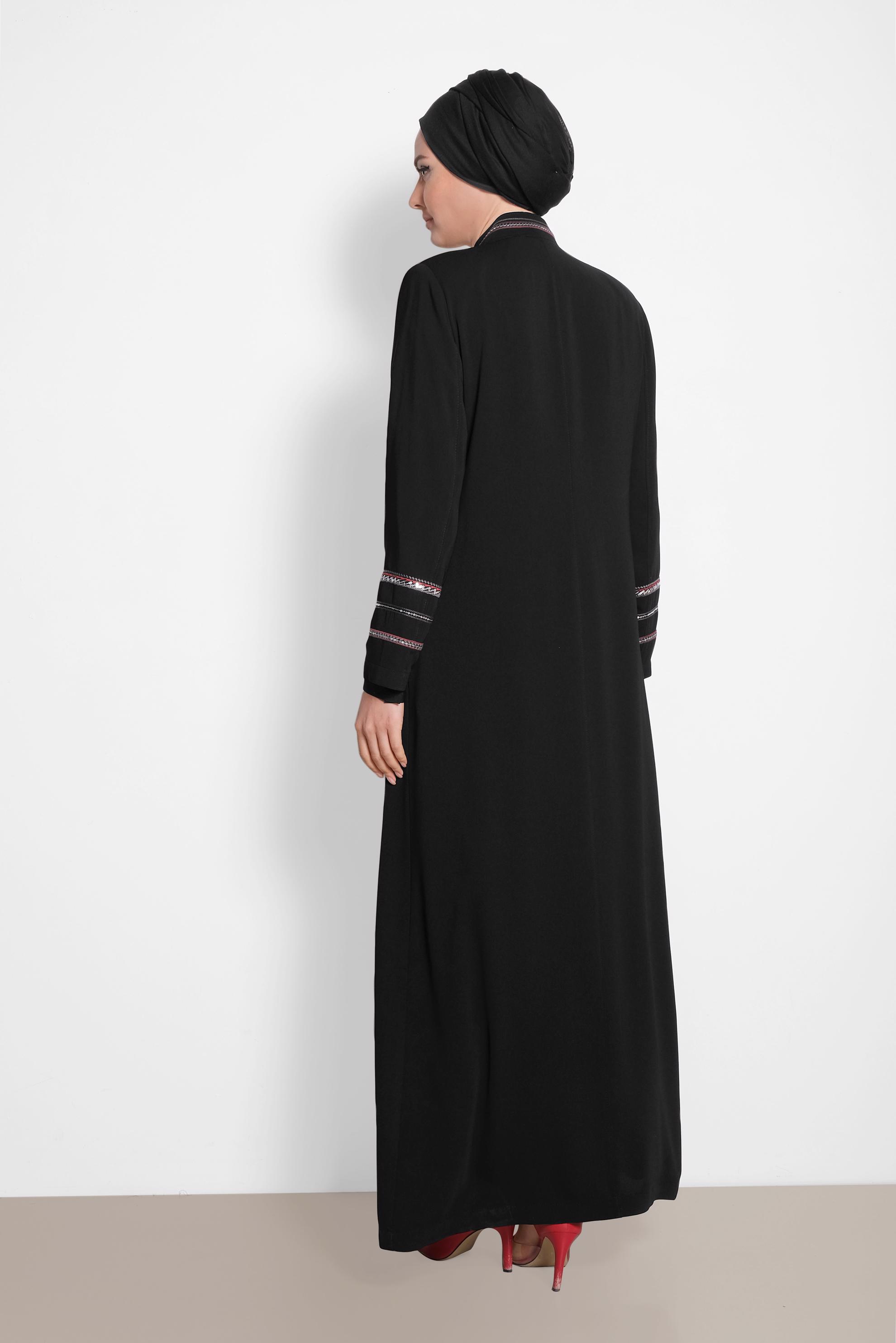 Tesettür giyim SİYAH HAKİM YAKA PUL İŞLEMELİ PARDESÜ 1278