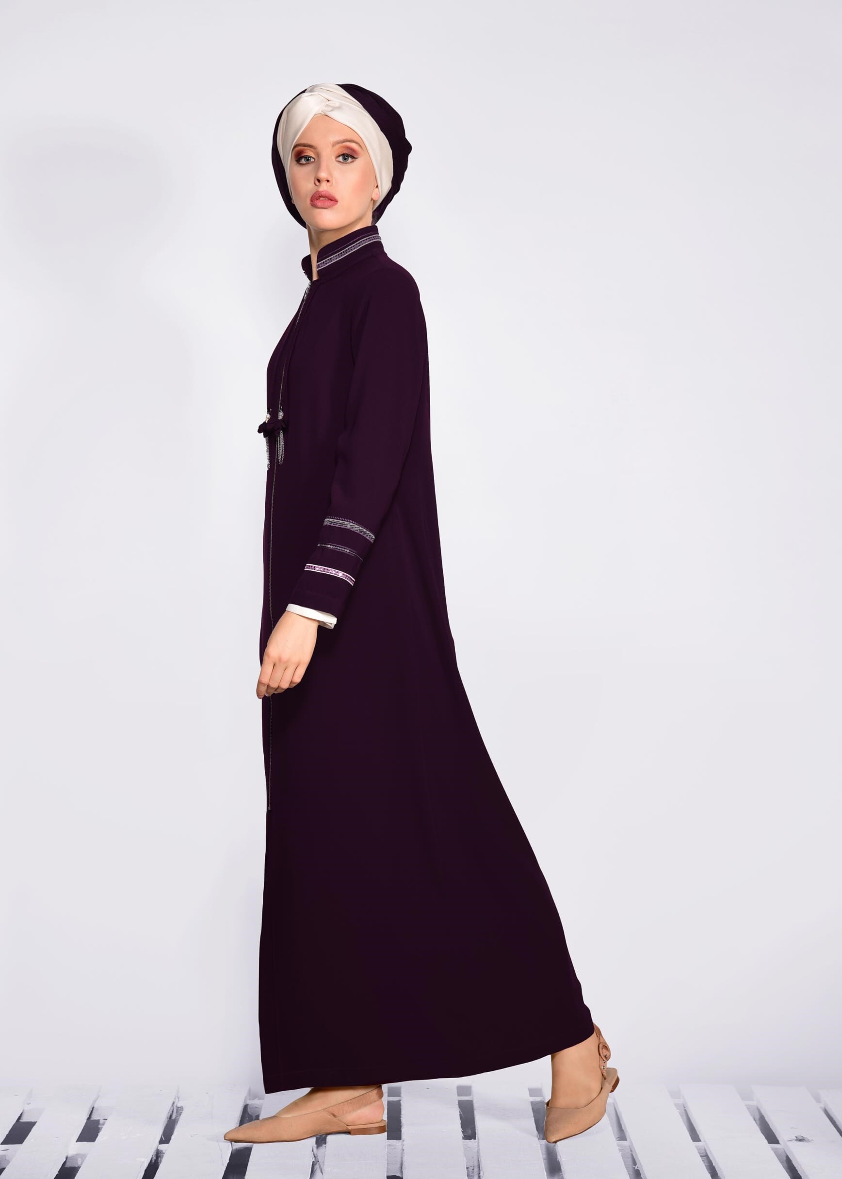 Tesettür giyim BORDO HAKİM YAKA PUL İŞLEMELİ PARDESÜ 1278