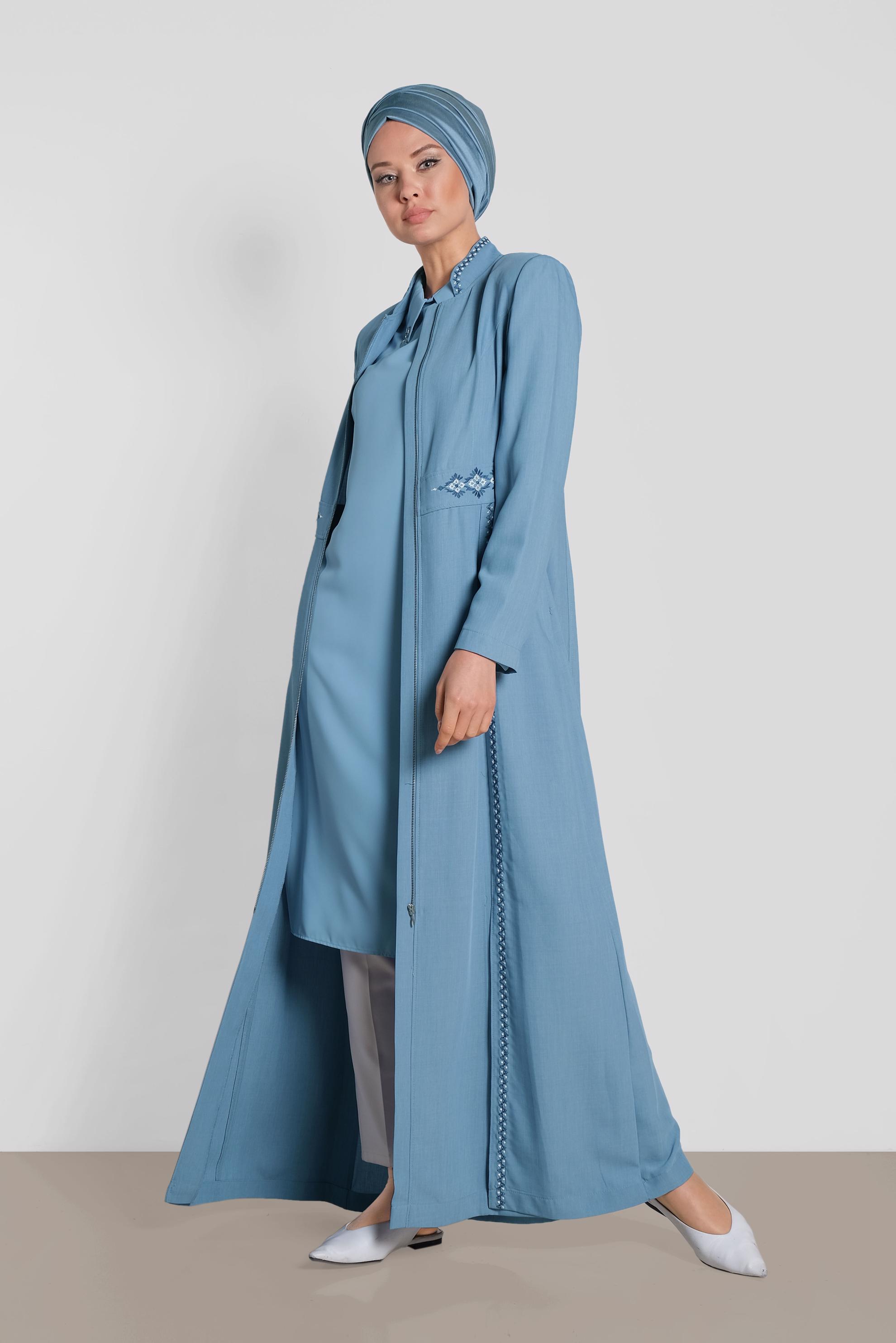 Tesettür giyim MAVİ NAKIŞ DETAYLI PARDESÜ 1280