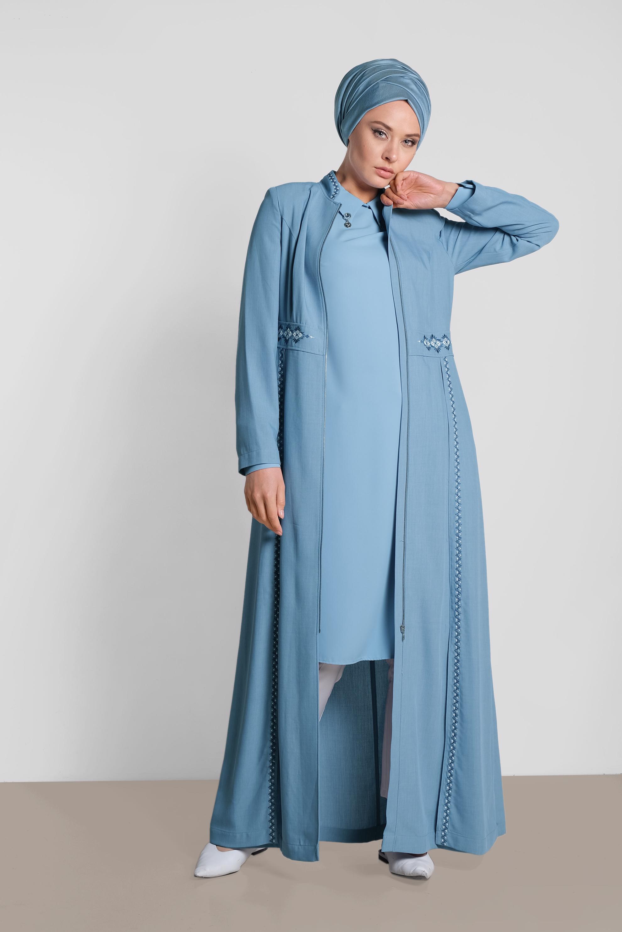 Tesettür giyim MAVİ NAKIŞ DETAYLI PARDESÜ 1280