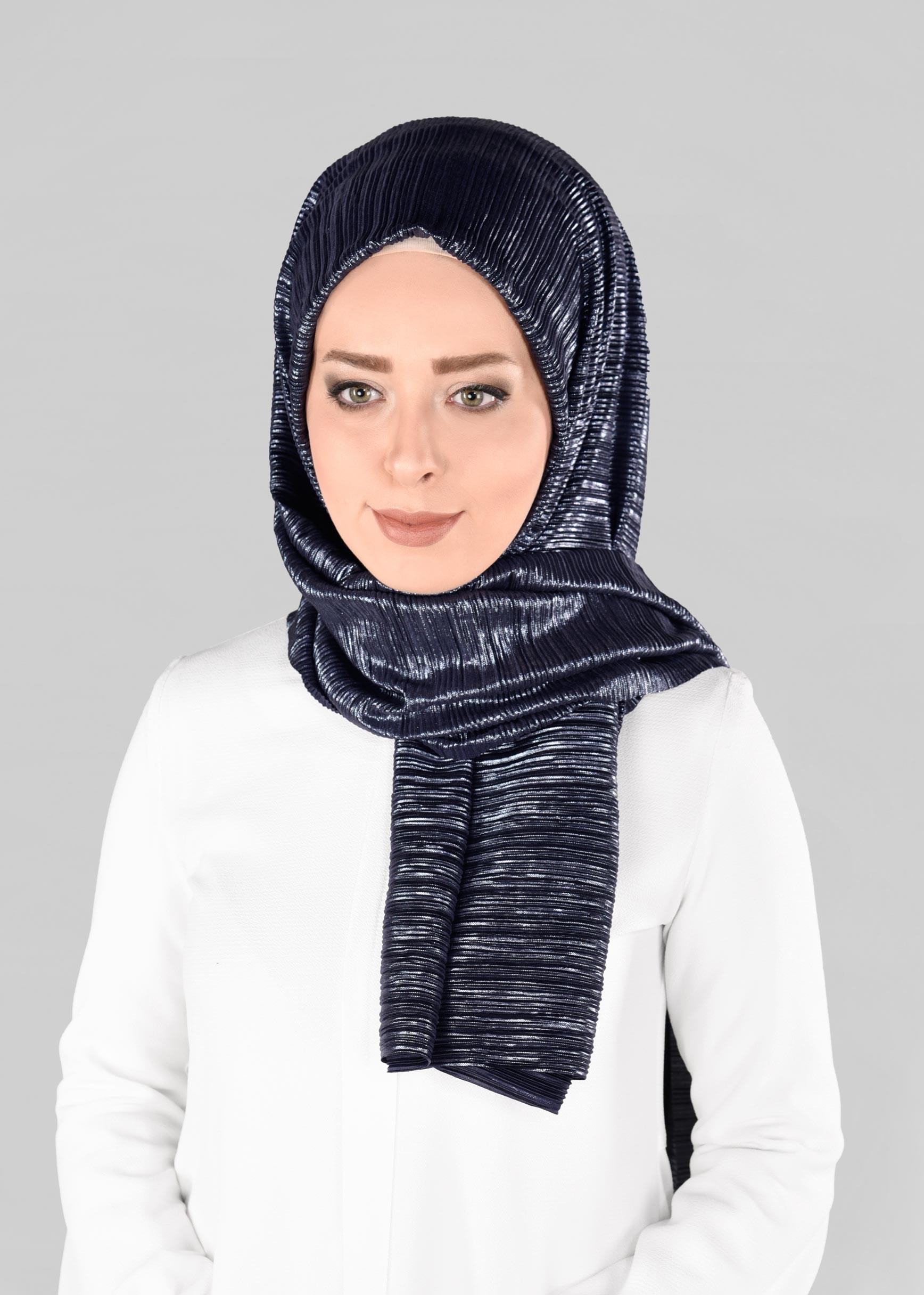 Tesettür giyim LACİVERT 9906 ALVİNA PİLİSELİ FOİL SİMLİ ŞAL