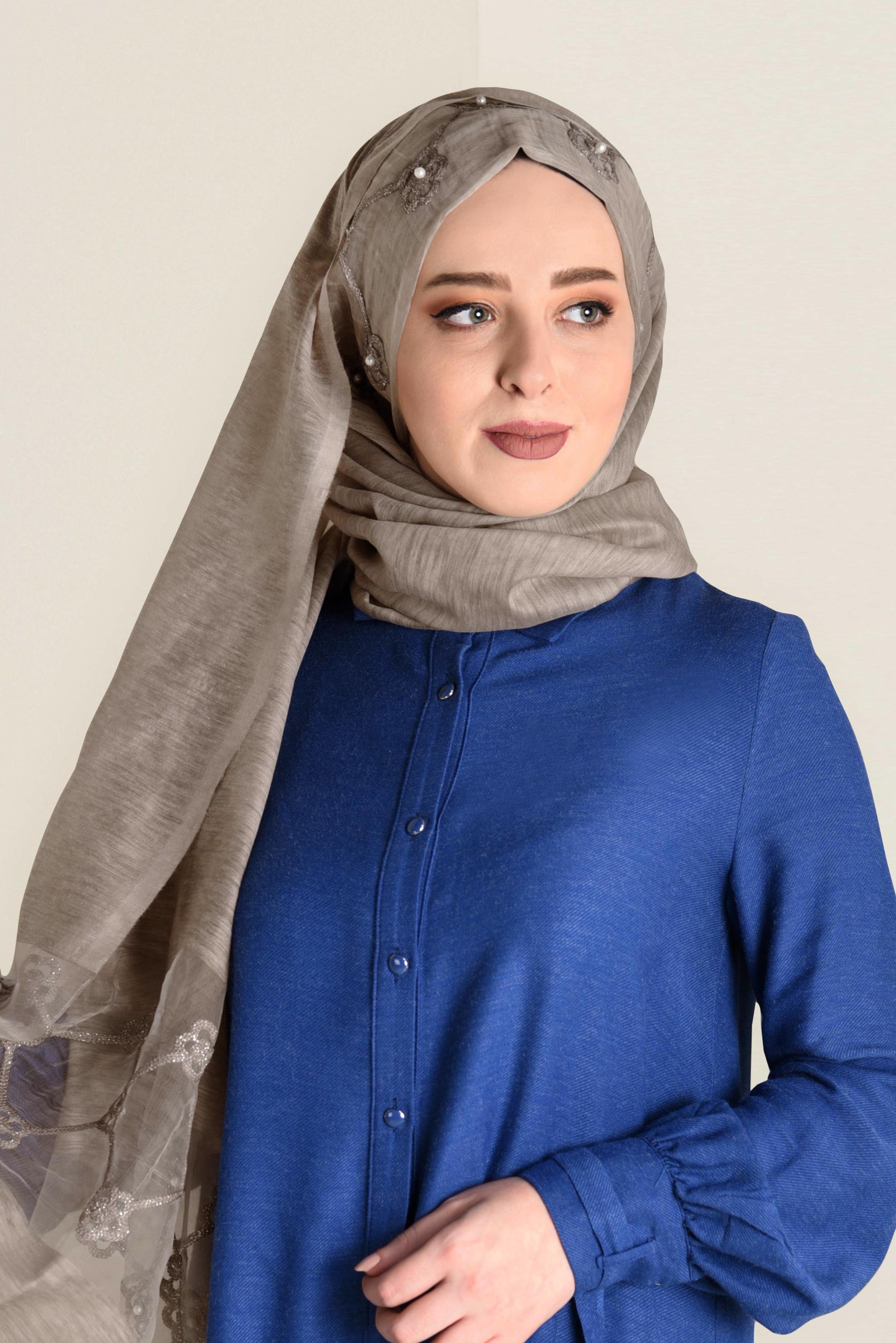 Tesettür giyim VİZON 9909 ALVİNA NAKIŞ İNCİ ŞAL