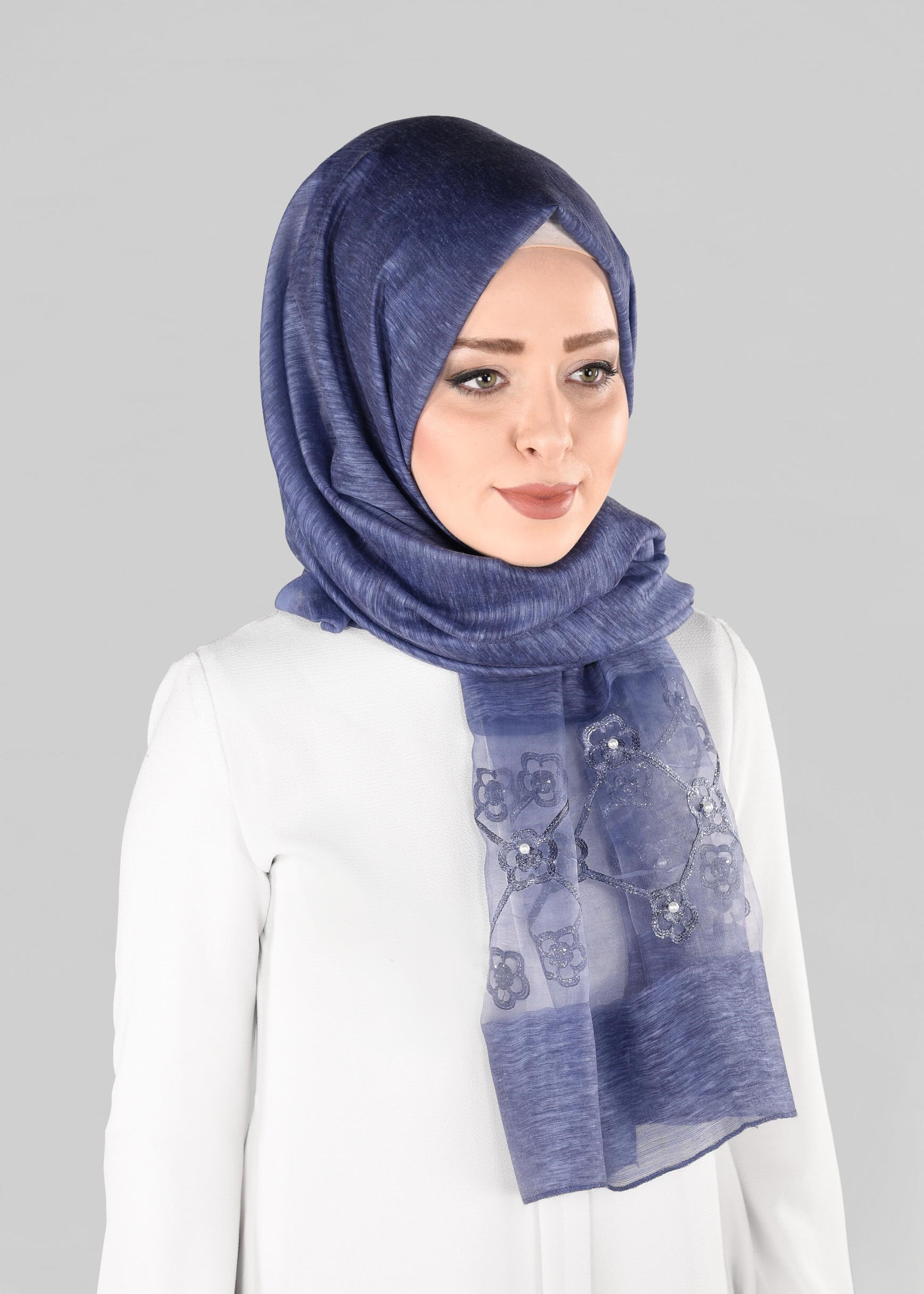 Tesettür giyim LACİVERT 9909 ALVİNA NAKIŞ İNCİ ŞAL