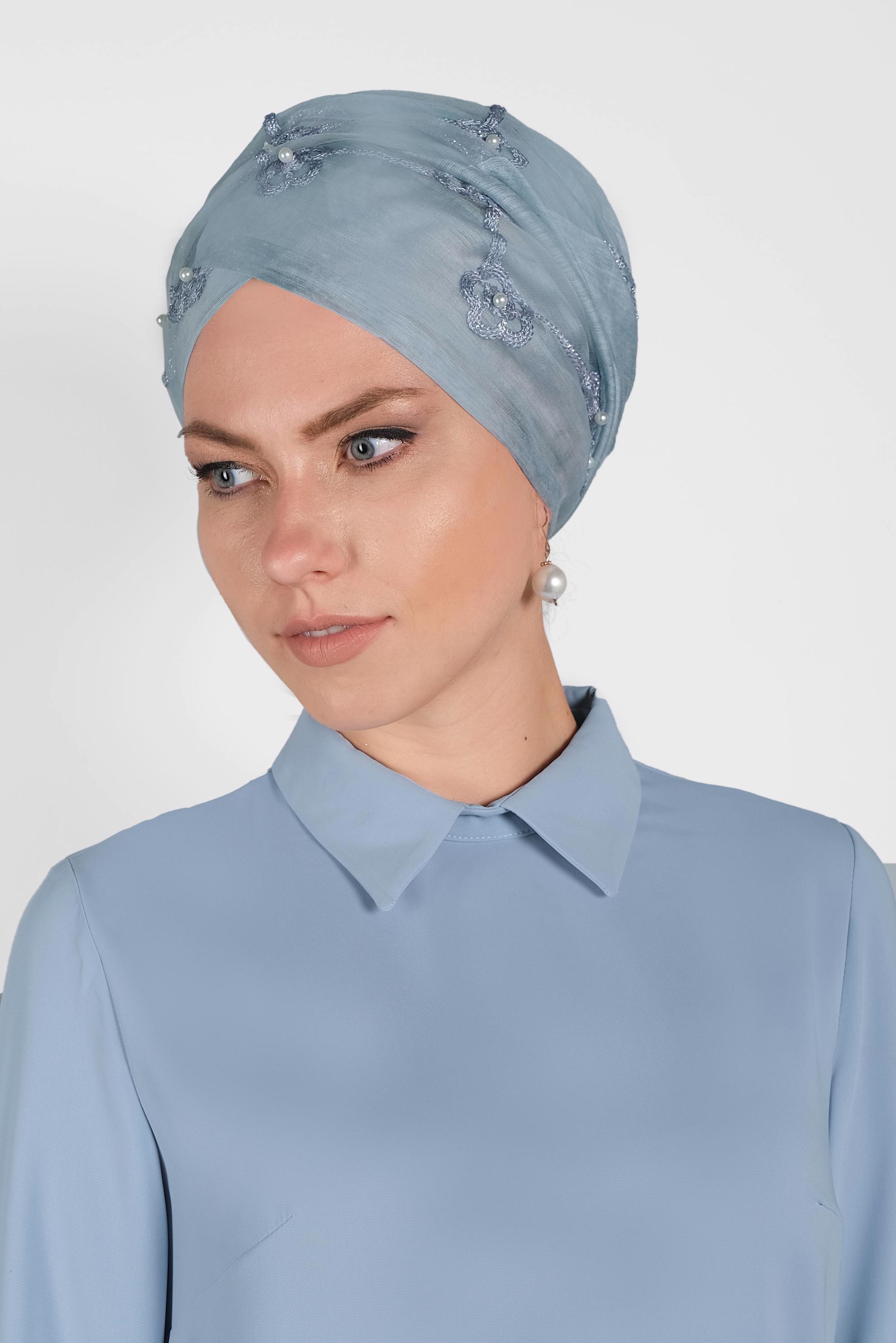 Tesettür giyim MAVİ 9909 ALVİNA NAKIŞ İNCİ ŞAL