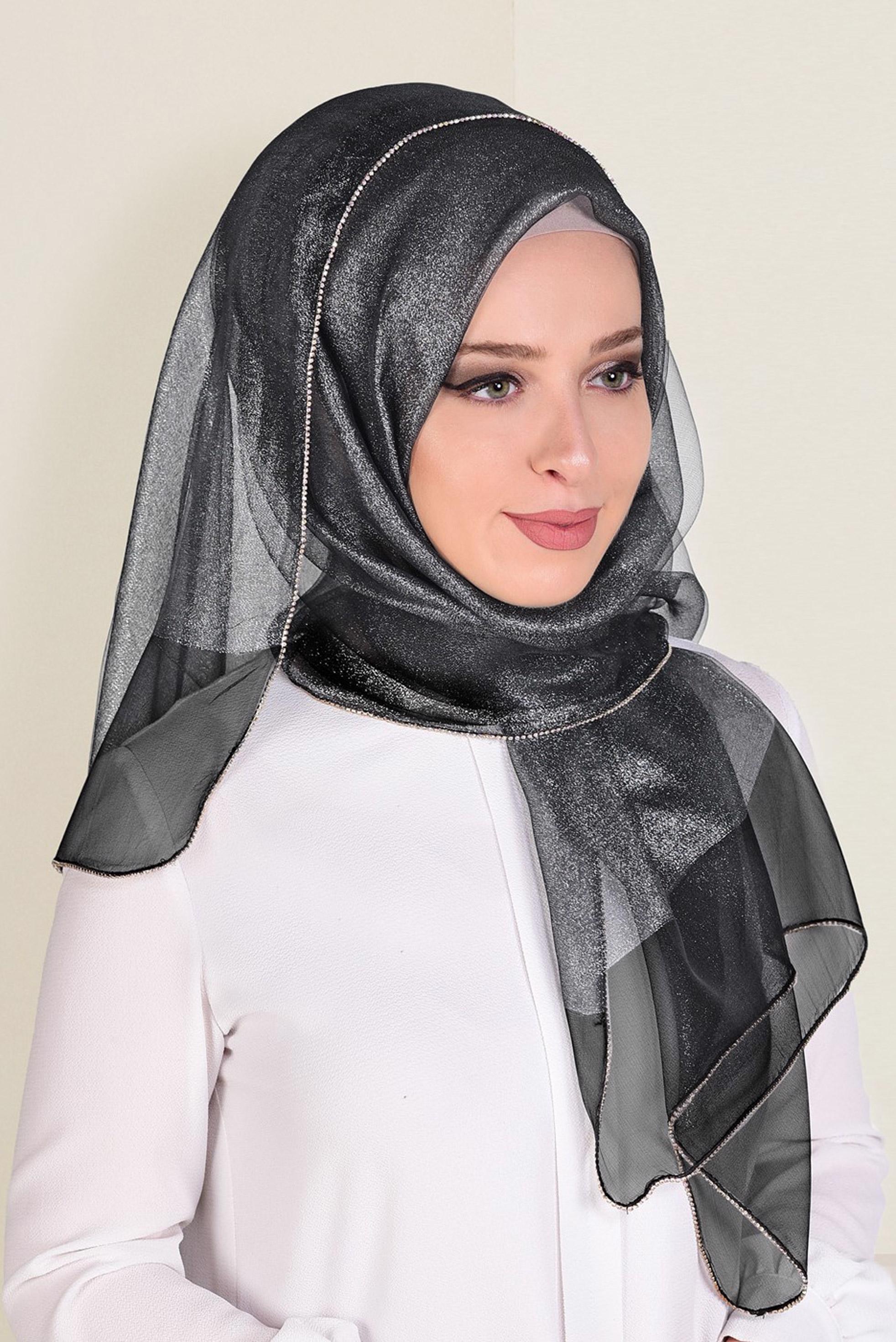 Tesettür giyim SİYAH ALVİNA KENARUCU TAŞLI ŞAL 9910
