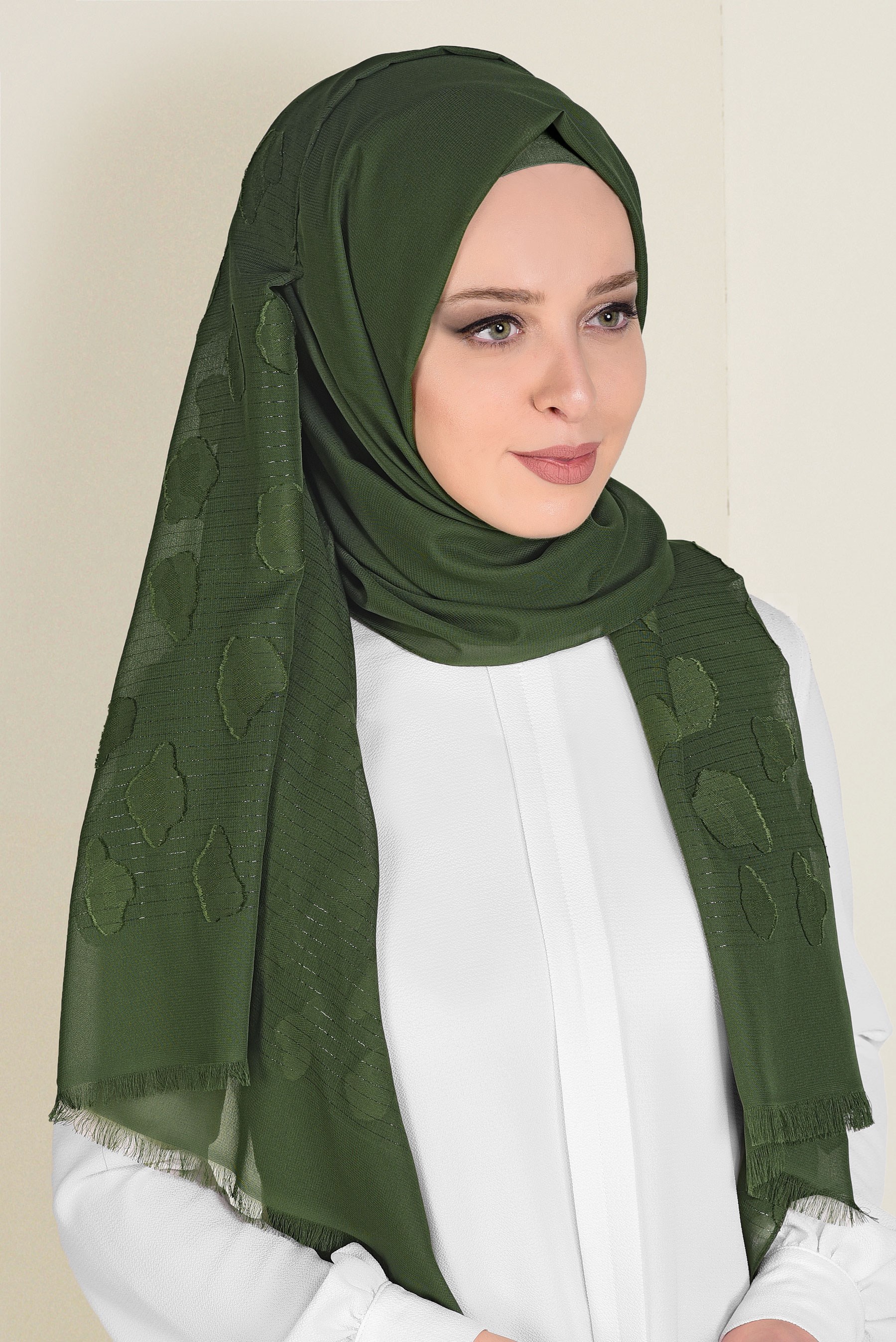 Tesettür giyim HAKİ 9913 ALVİNA SİMLİ ŞİFON ŞAL