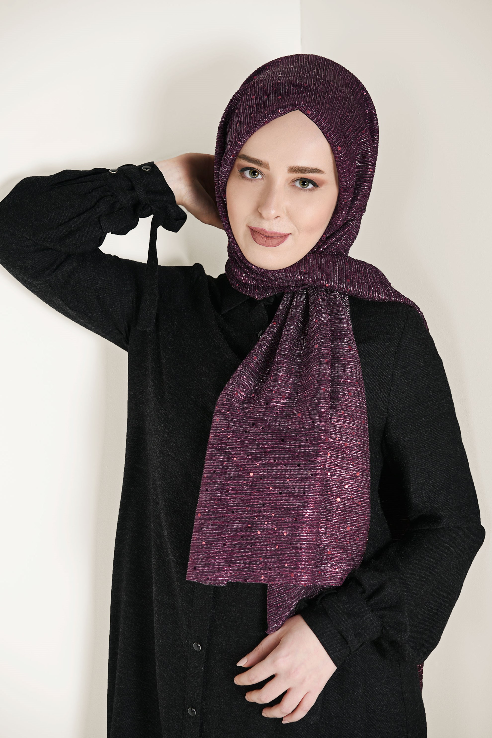 Tesettür giyim BORDO 9921 ALVİNA SİMLİ PULLU ŞAL