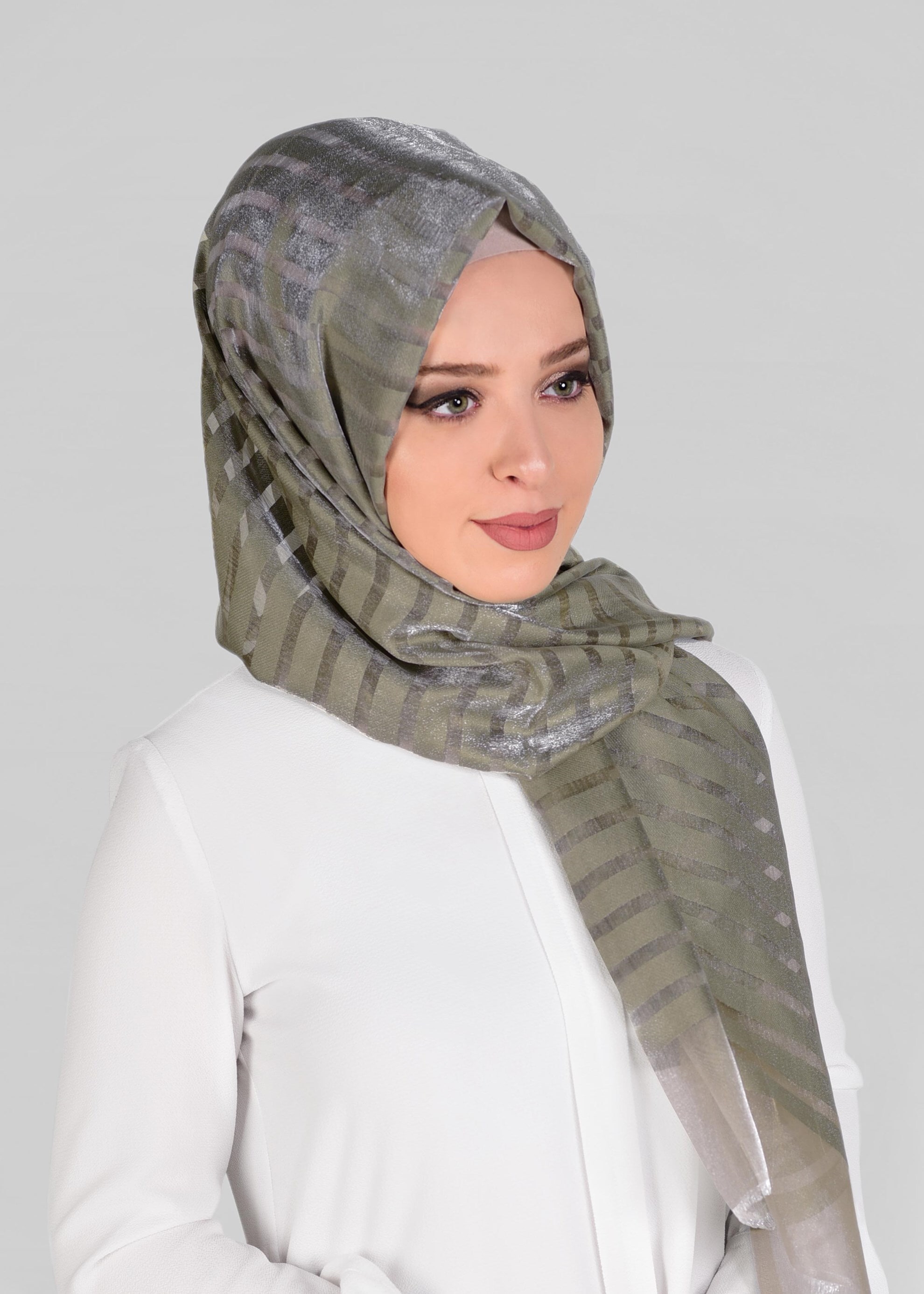 Tesettür giyim HAKİ 9923 ALVİNA YAKMA ÇİZGİLİ ŞAL