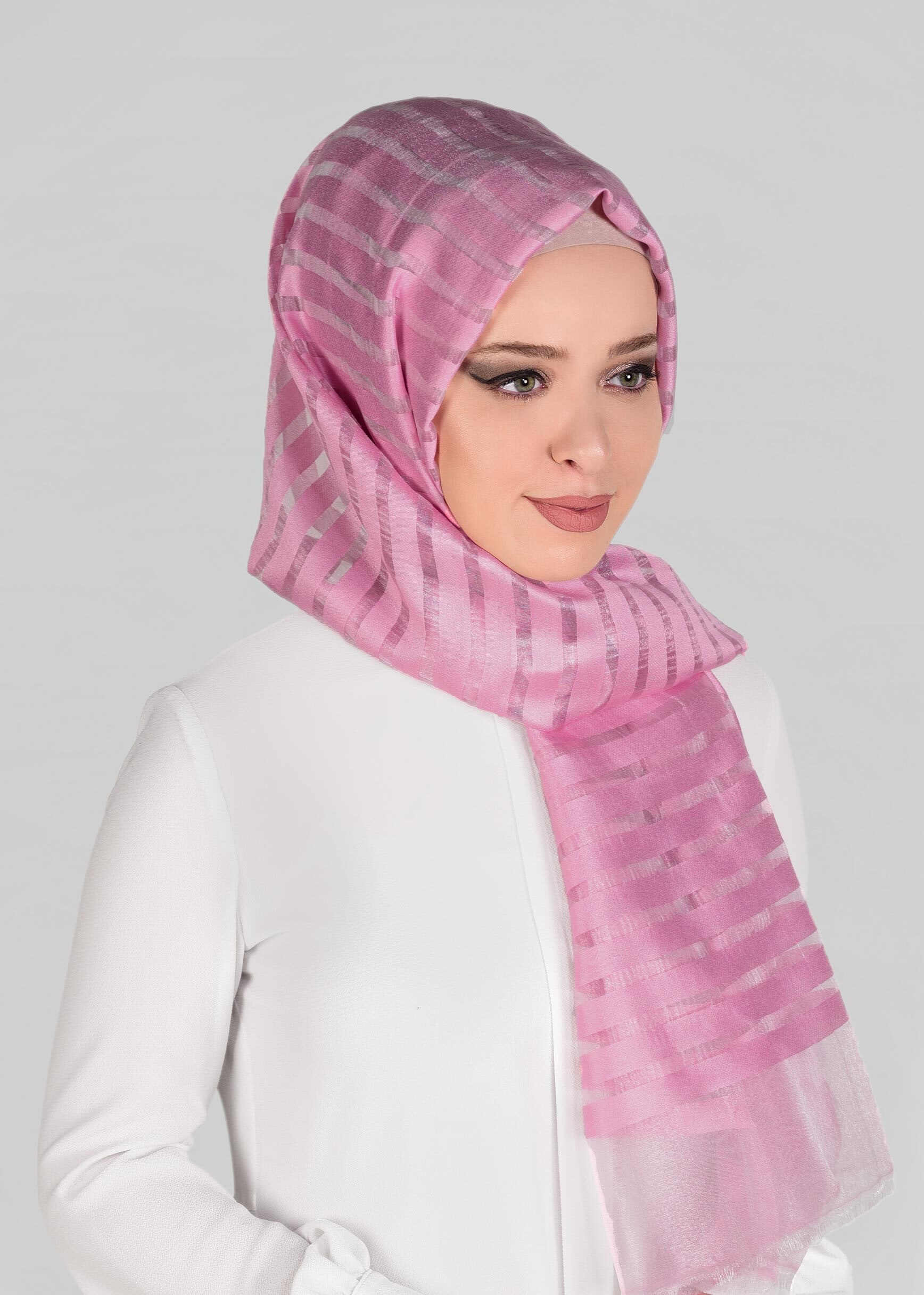 Tesettür giyim PEMBE 9923 ALVİNA YAKMA ÇİZGİLİ ŞAL
