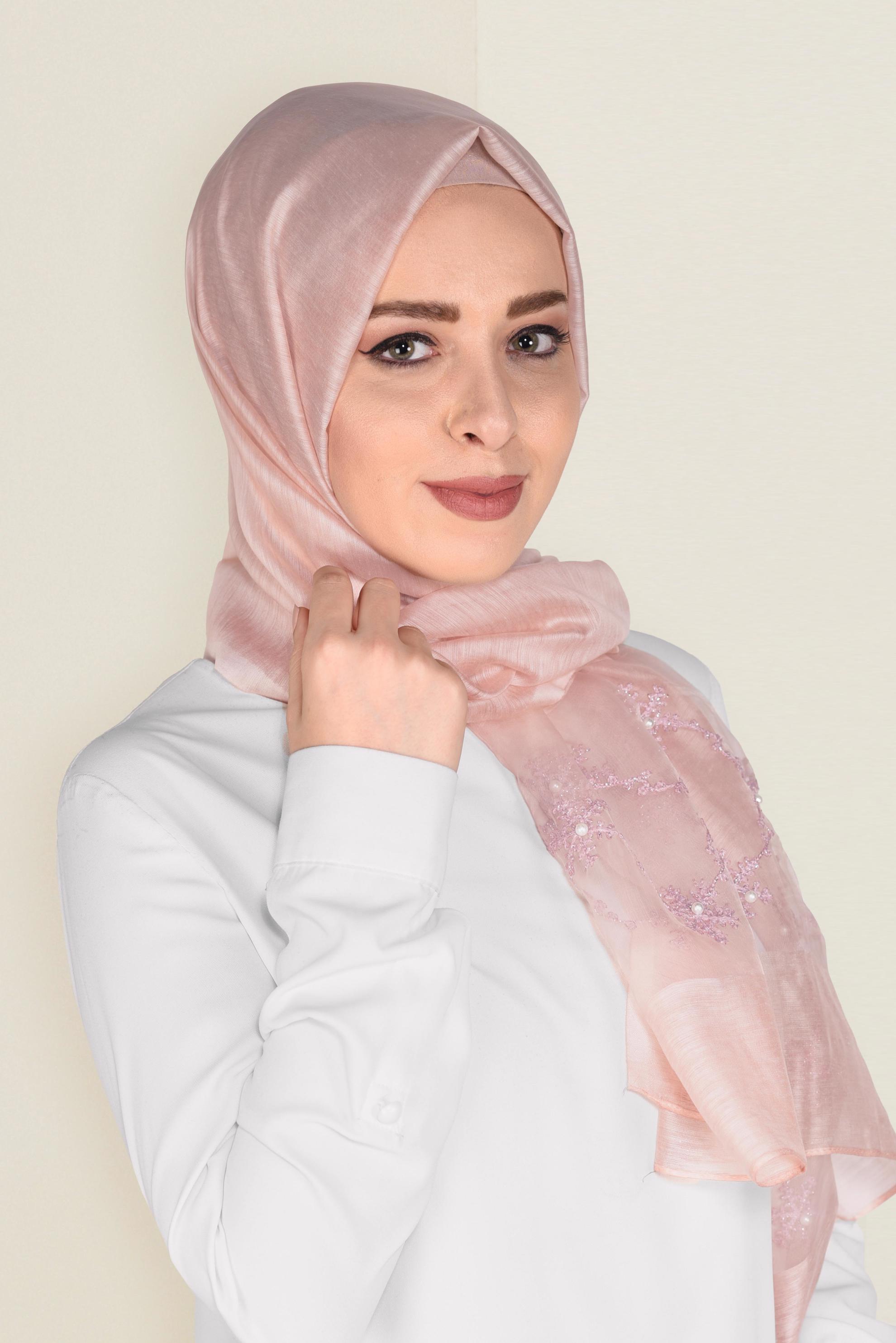 Tesettür giyim PUDRA 9909-1 ALVİNA NAKIŞ İNCİ ŞAL