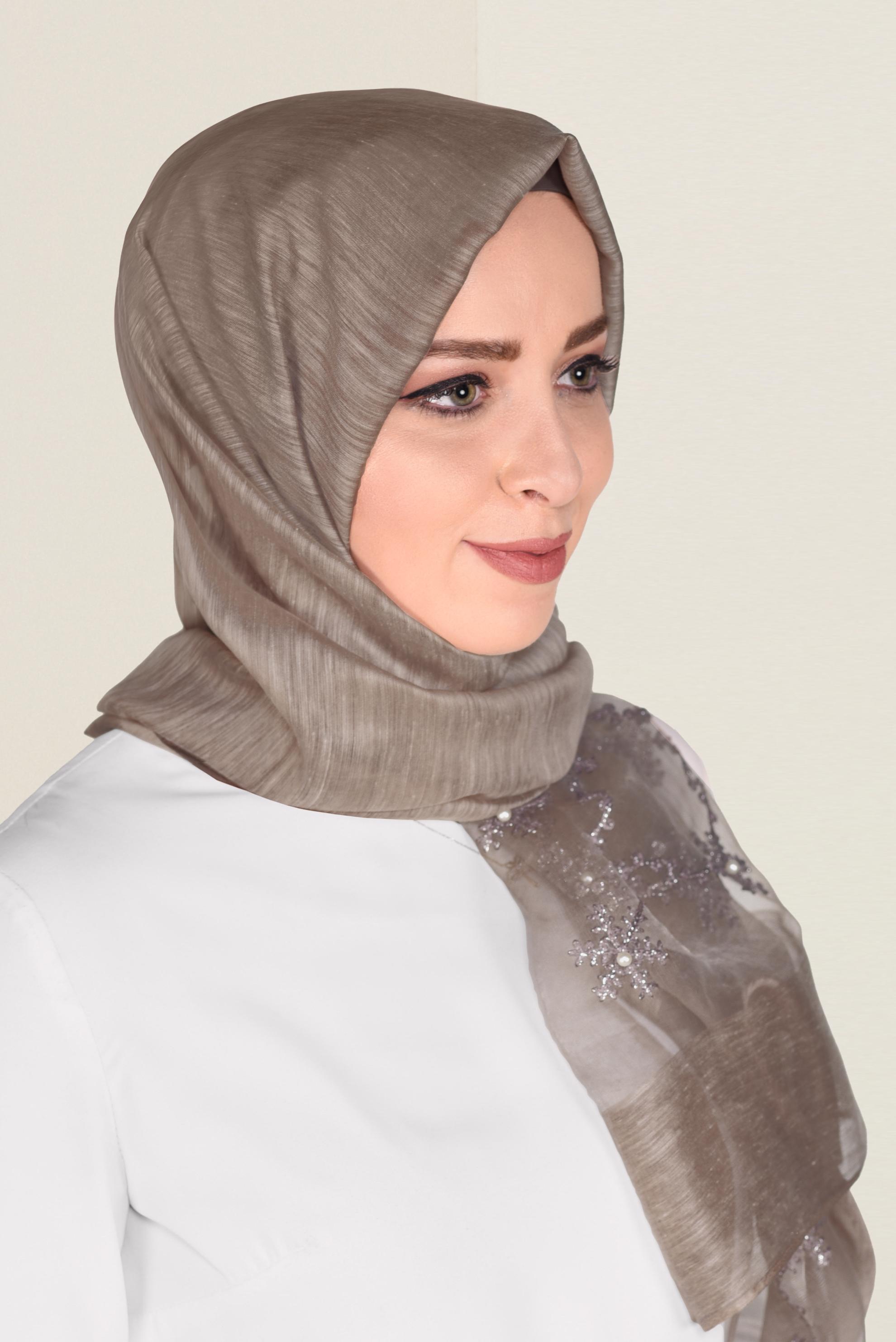 Tesettür giyim VİZON 9909-1 ALVİNA NAKIŞ İNCİ ŞAL