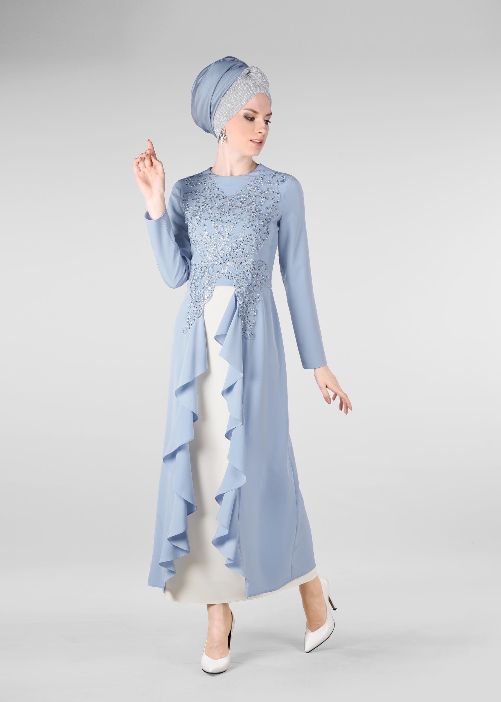 Tesettür giyim MAVİ TAŞ VE VOLAN DETAYLI 2&prime;Lİ ETEKLİ TAKIM 3422