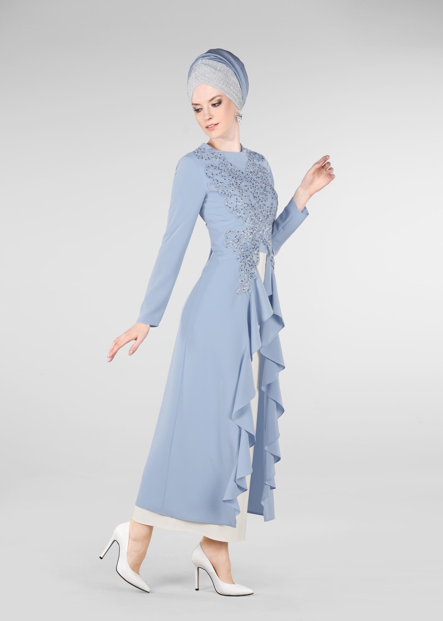 Tesettür giyim MAVİ TAŞ VE VOLAN DETAYLI 2&prime;Lİ ETEKLİ TAKIM 3422