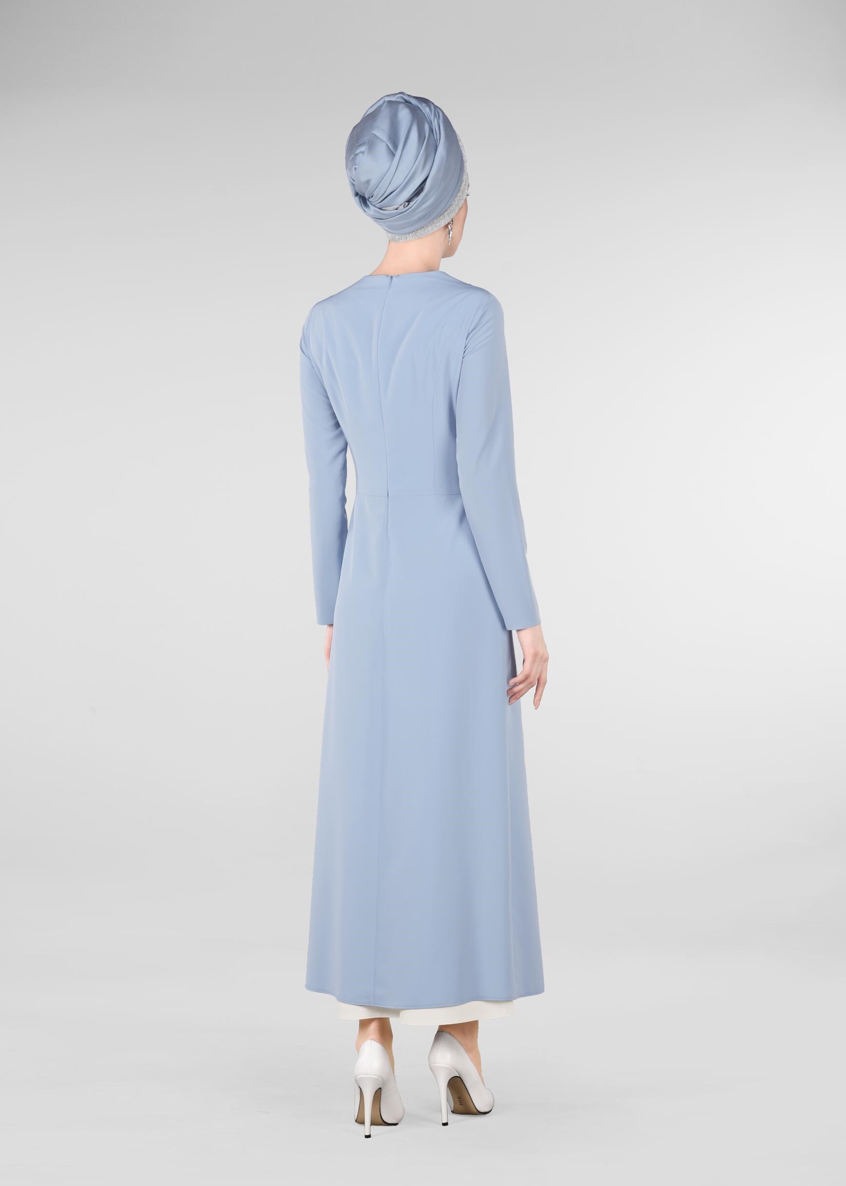 Tesettür giyim MAVİ TAŞ VE VOLAN DETAYLI 2&prime;Lİ ETEKLİ TAKIM 3422