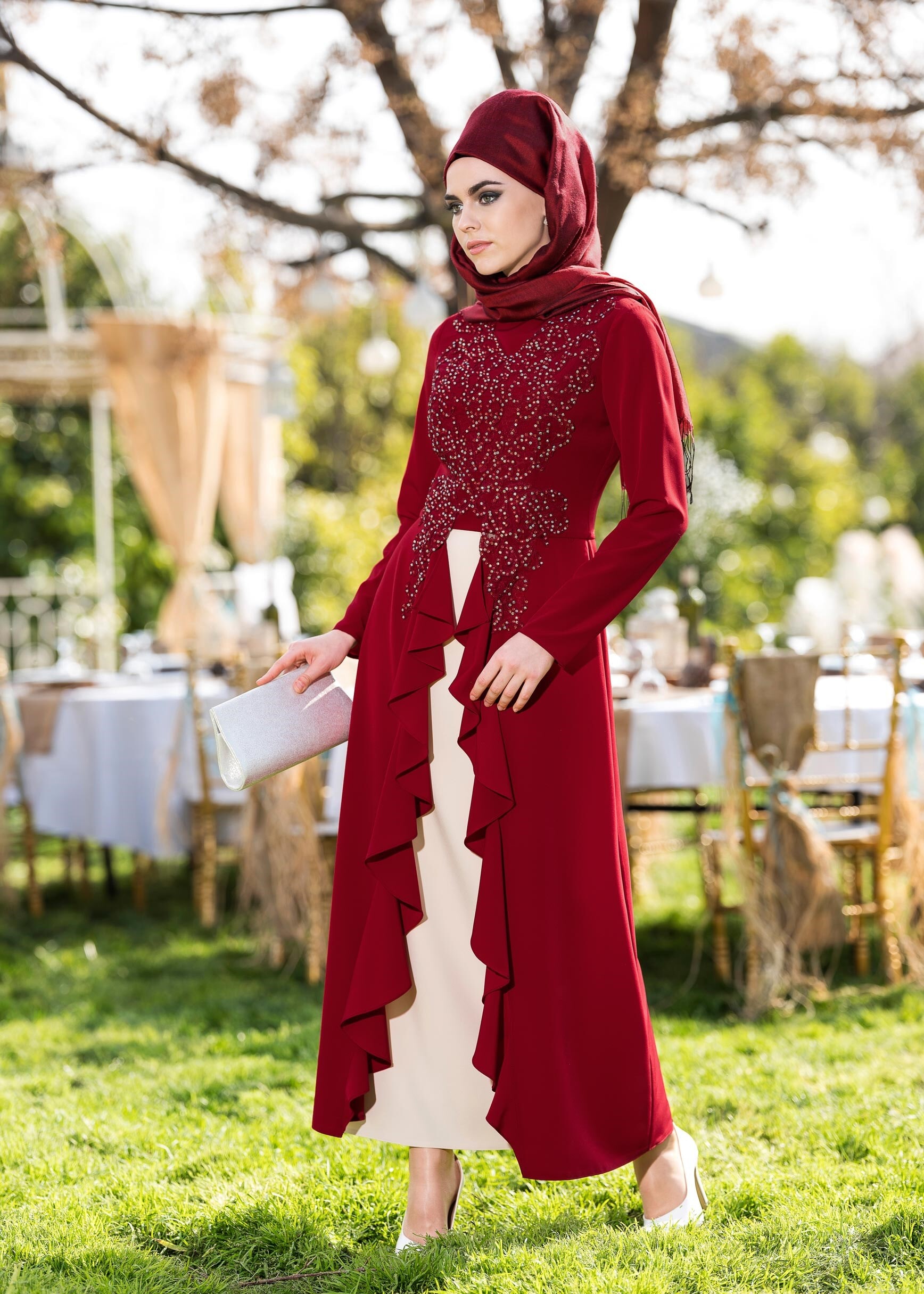 Tesettür giyim BORDO TAŞ VE VOLAN DETAYLI 2&prime;Lİ ETEKLİ TAKIM 3422