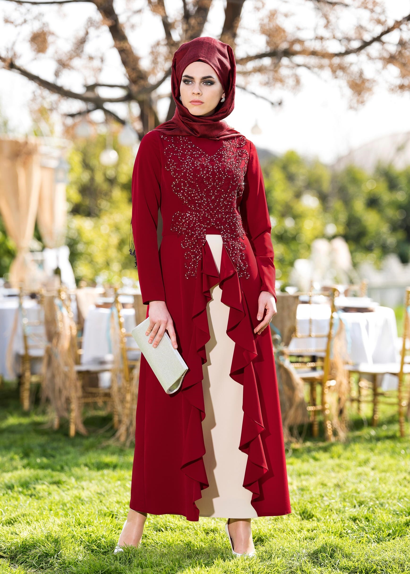 Tesettür giyim BORDO TAŞ VE VOLAN DETAYLI 2&prime;Lİ ETEKLİ TAKIM 3422