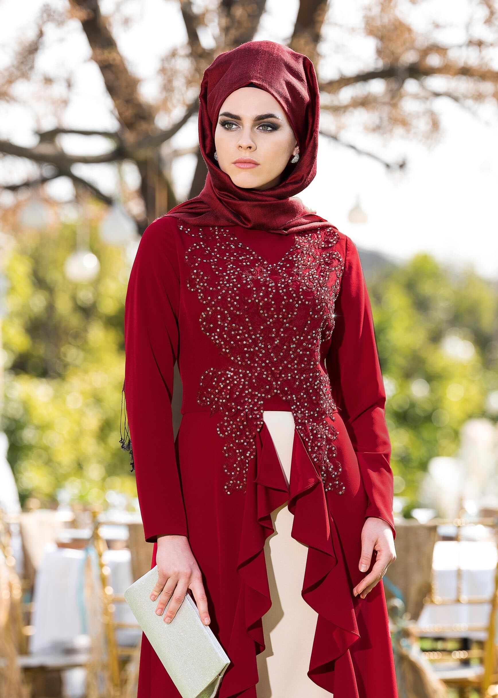 Tesettür giyim BORDO TAŞ VE VOLAN DETAYLI 2&prime;Lİ ETEKLİ TAKIM 3422