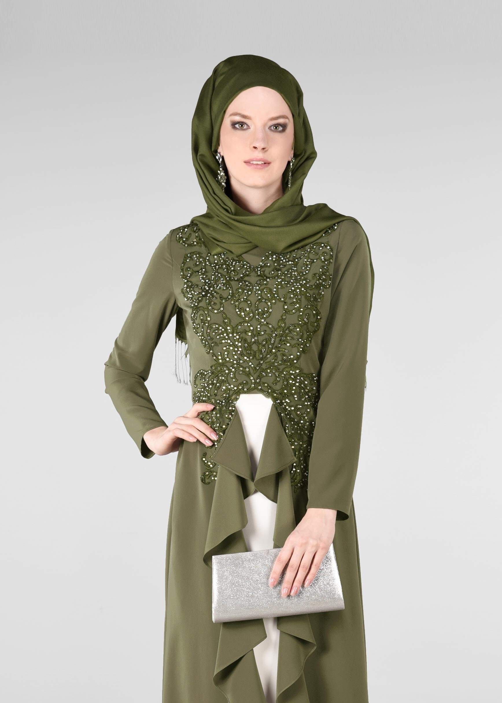 Tesettür giyim HAKİ TAŞ VE VOLAN DETAYLI 2&prime;Lİ ETEKLİ TAKIM 3422