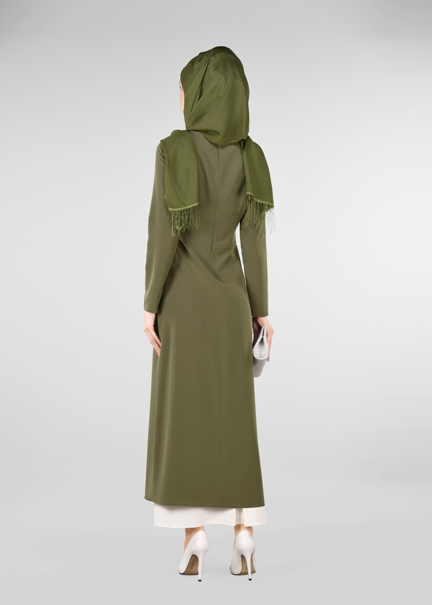 Tesettür giyim HAKİ TAŞ VE VOLAN DETAYLI 2&prime;Lİ ETEKLİ TAKIM 3422