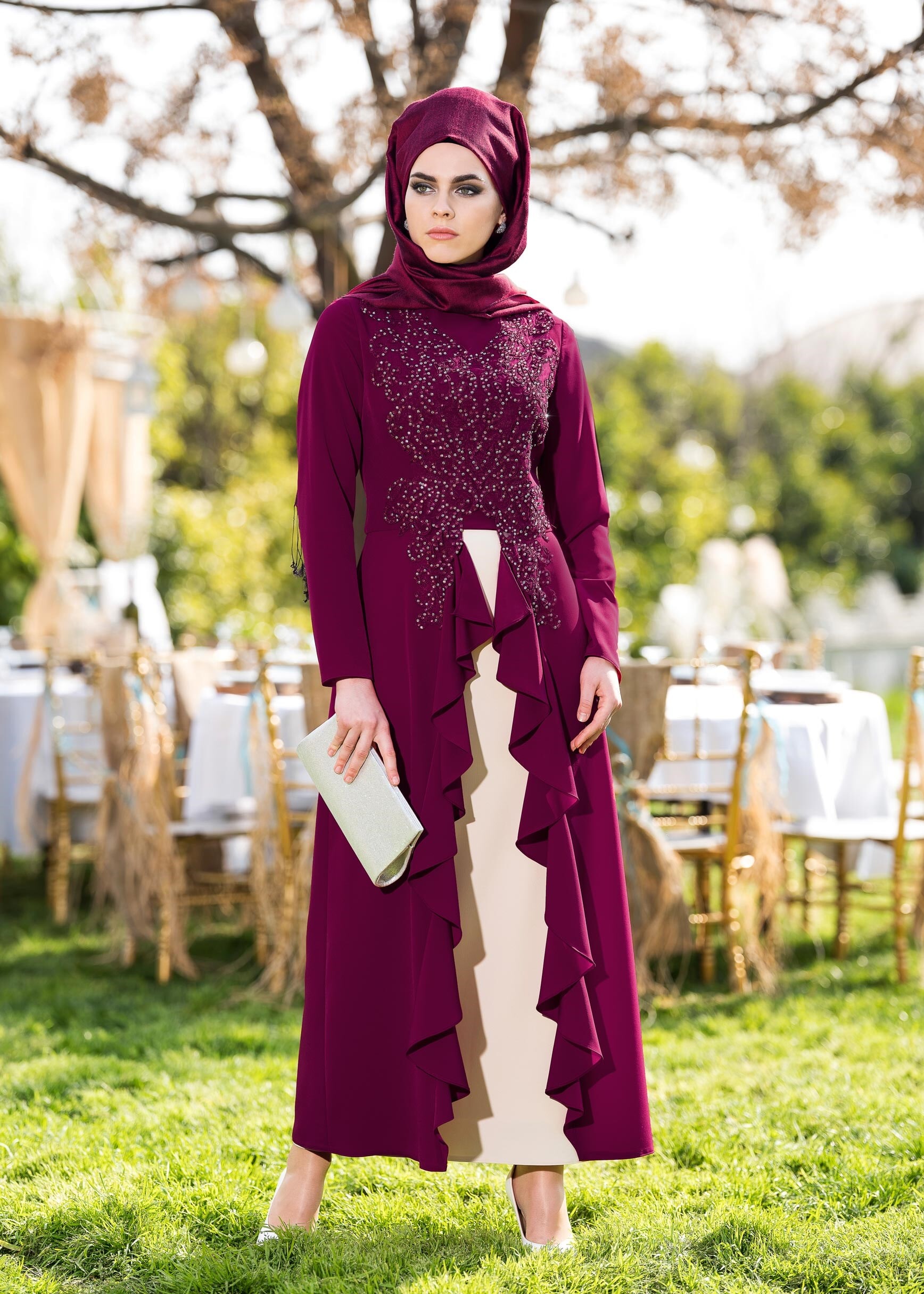 Tesettür giyim MÜRDÜM TAŞ VE VOLAN DETAYLI 2&prime;Lİ ETEKLİ TAKIM 3422