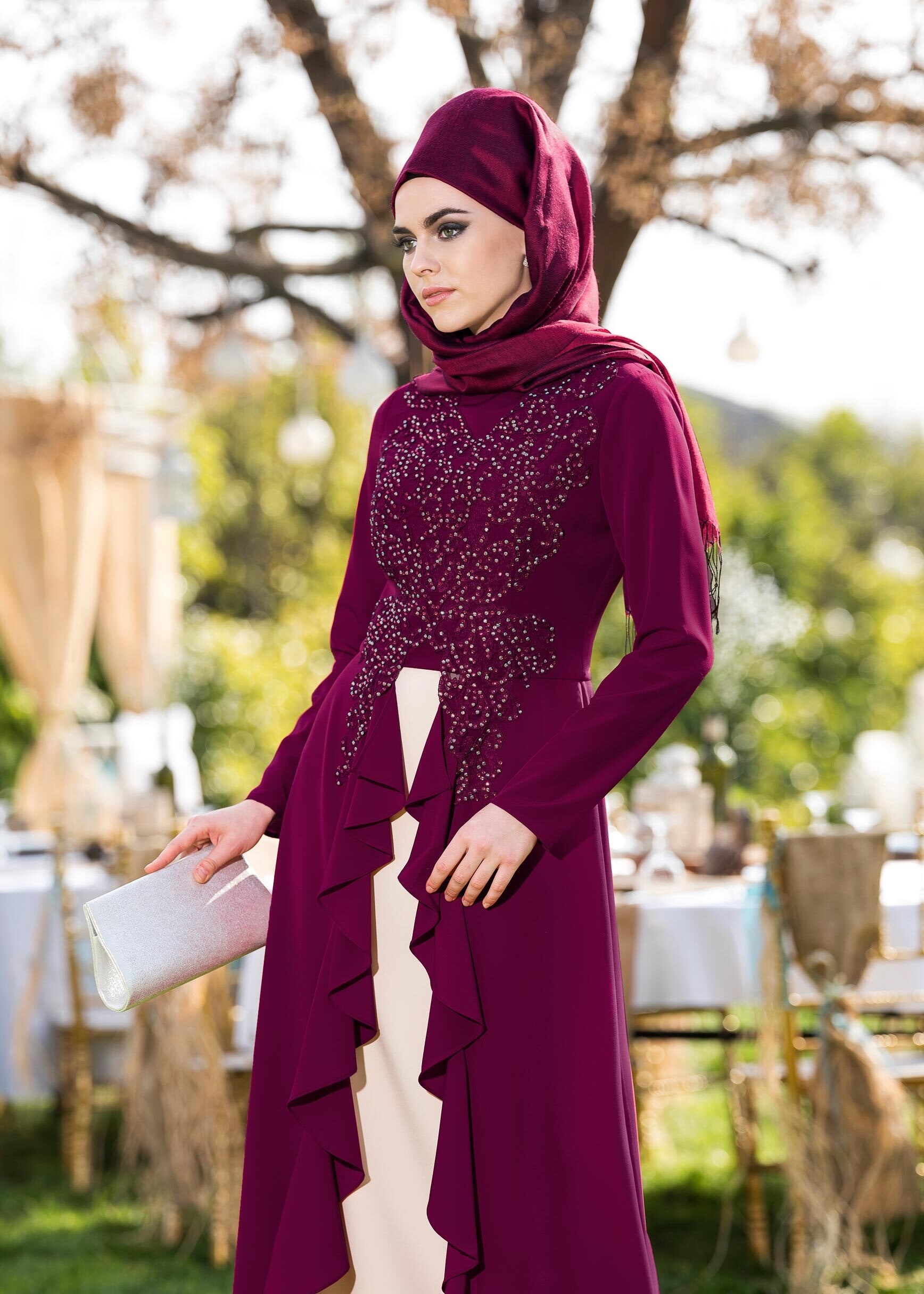 Tesettür giyim MÜRDÜM TAŞ VE VOLAN DETAYLI 2&prime;Lİ ETEKLİ TAKIM 3422