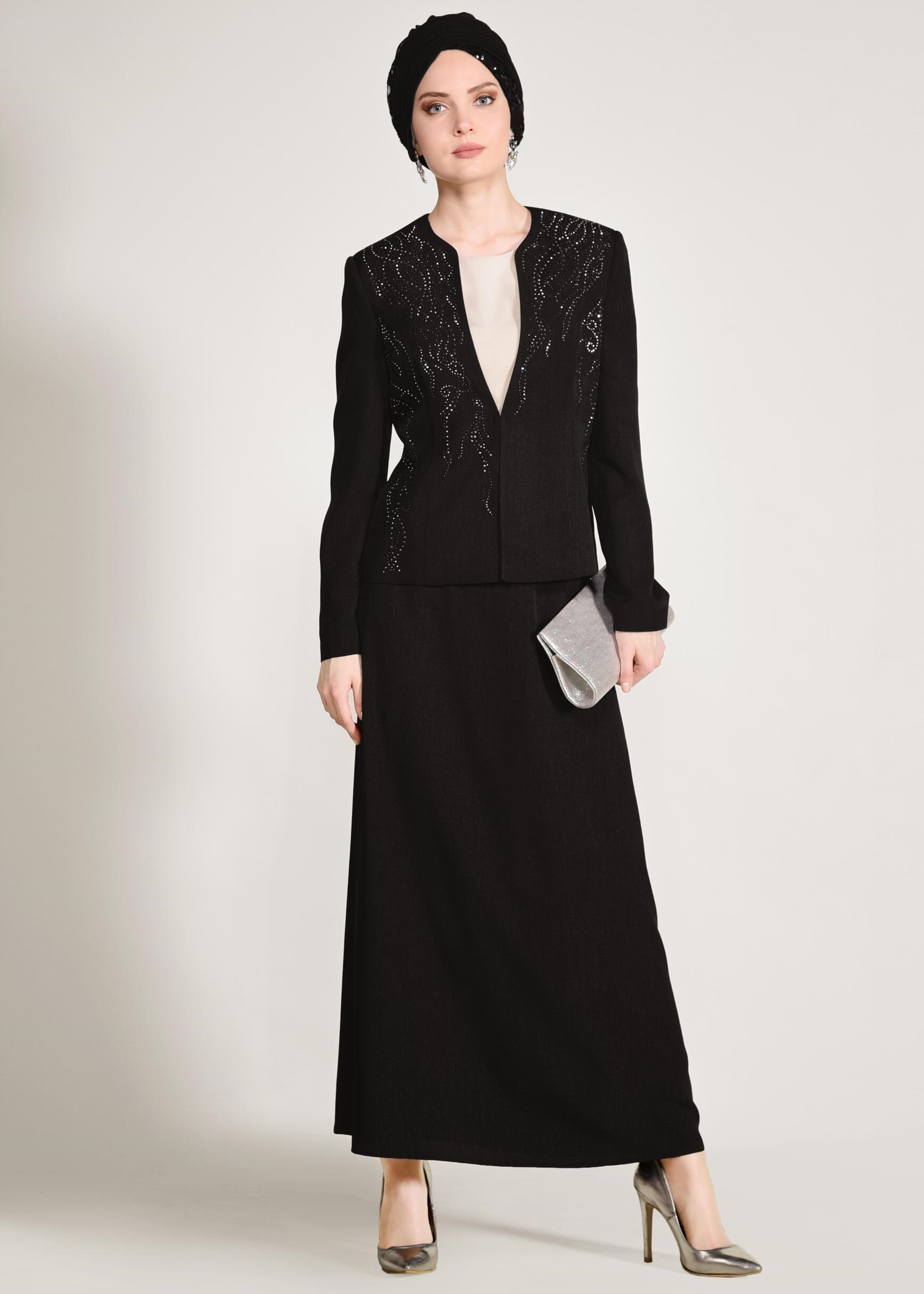 Tesettür giyim SİYAH CEKETİ TAŞLI 3&prime;LÜ ETEKLİ TAKIM 3441