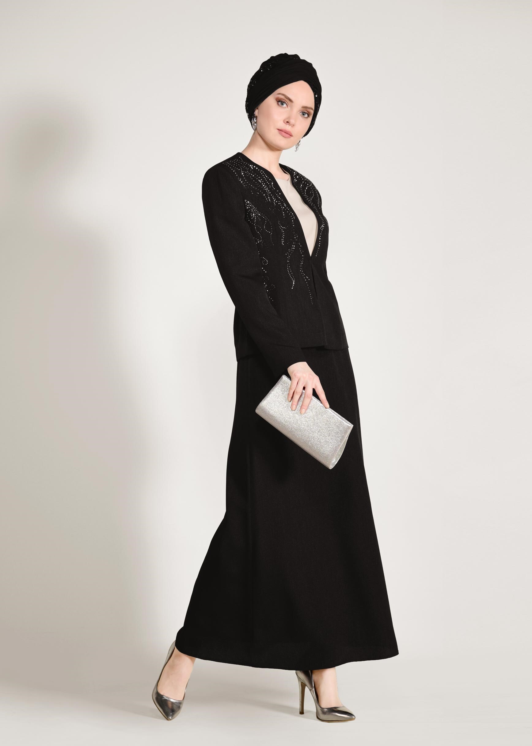 Tesettür giyim SİYAH CEKETİ TAŞLI 3&prime;LÜ ETEKLİ TAKIM 3441