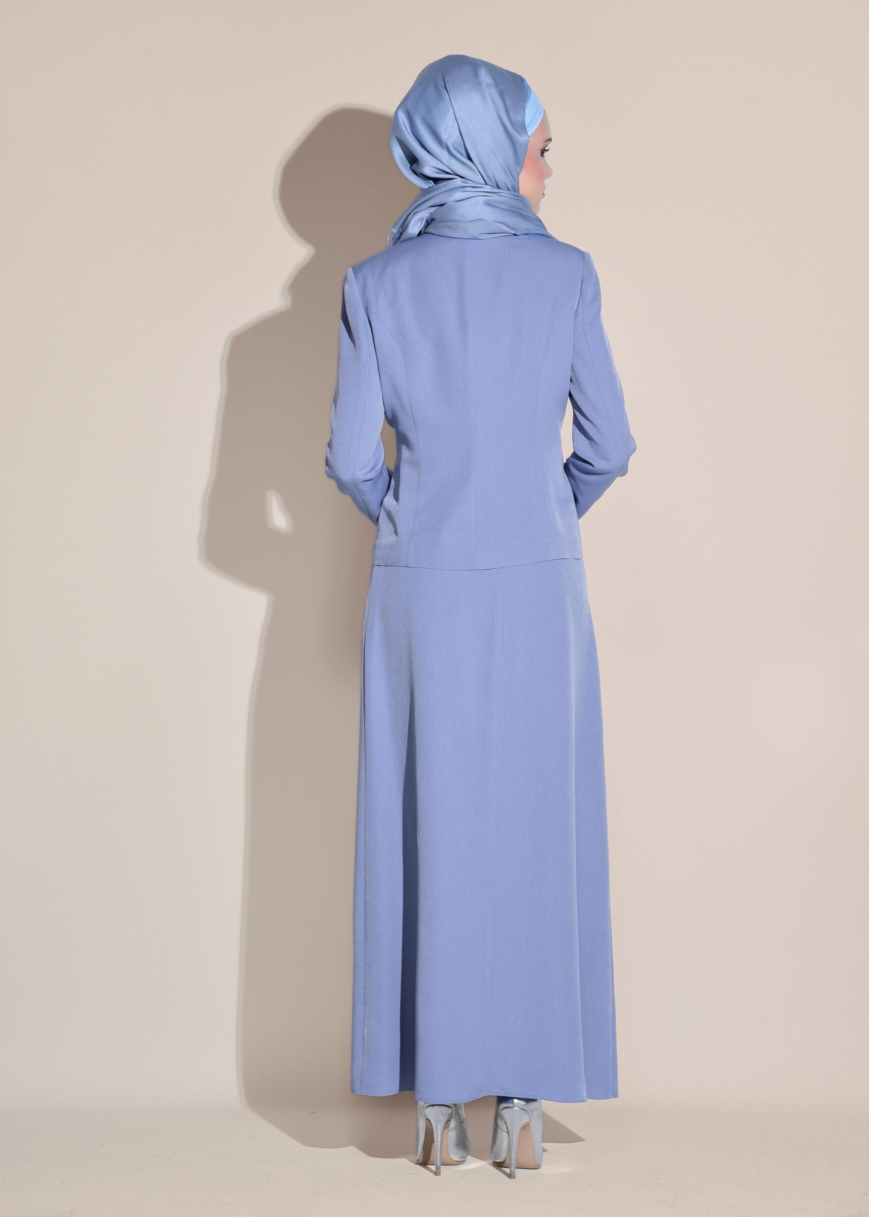 Tesettür giyim MAVİ CEKETİ TAŞLI 3′LÜ ETEKLİ TAKIM 3441
