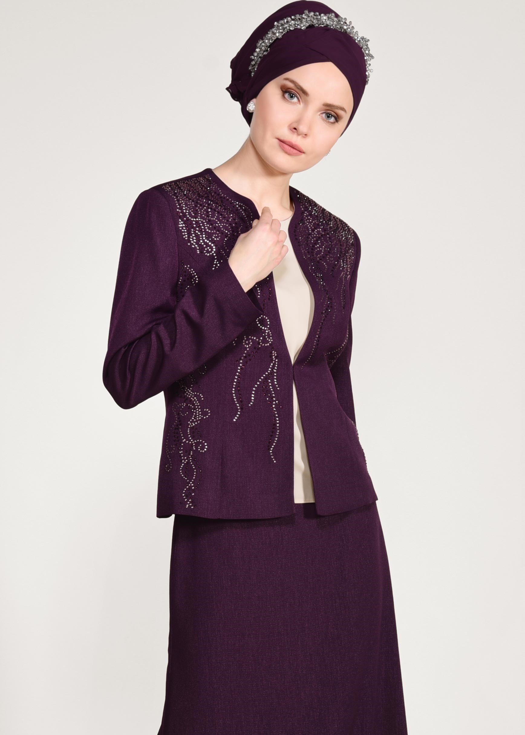 Tesettür giyim MOR CEKETİ TAŞLI 3&prime;LÜ ETEKLİ TAKIM 3441