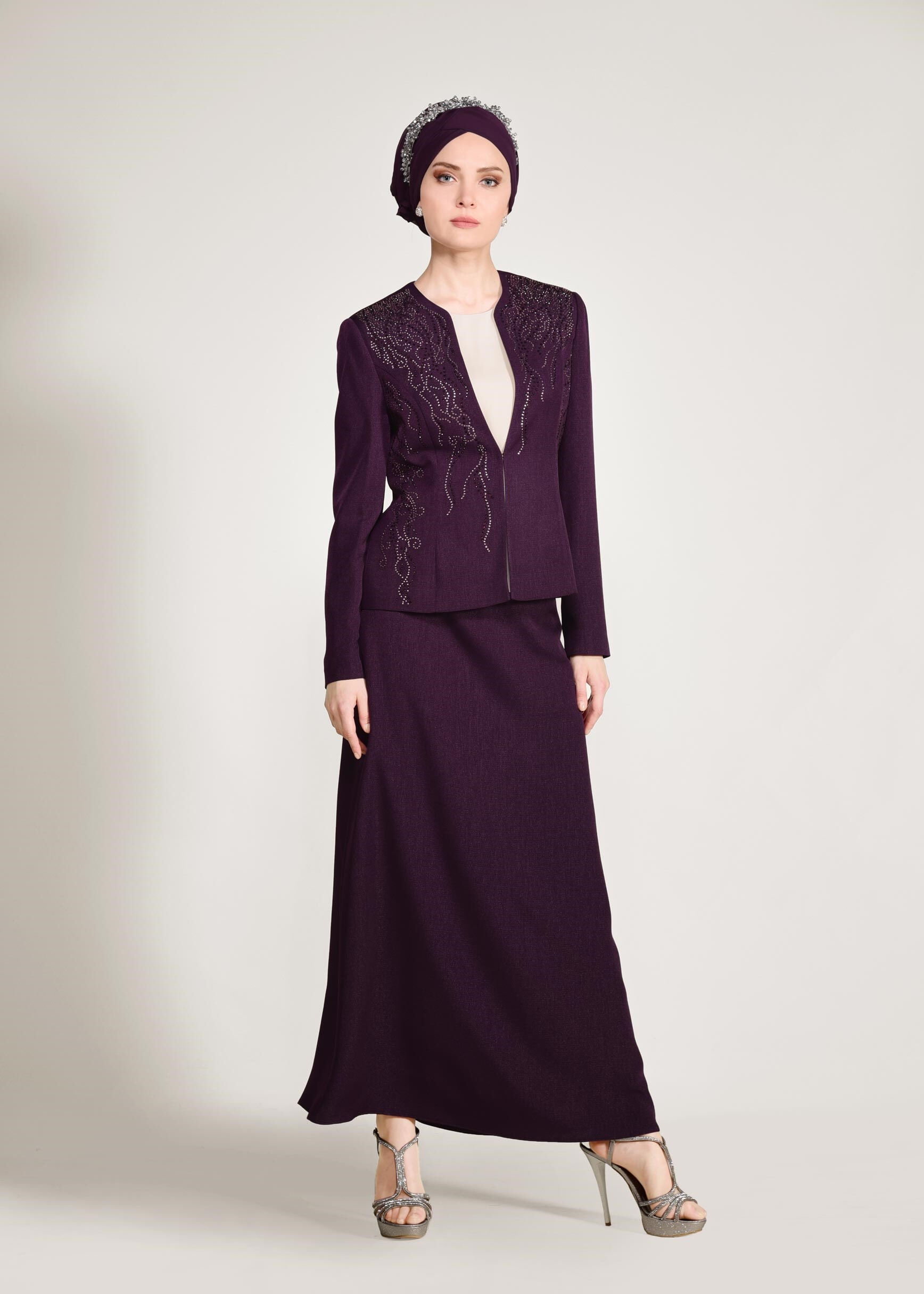 Tesettür giyim MOR CEKETİ TAŞLI 3&prime;LÜ ETEKLİ TAKIM 3441