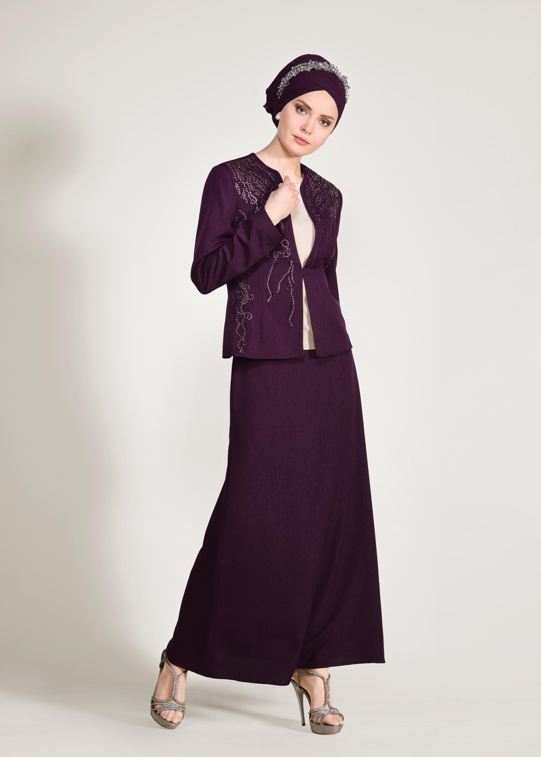 Tesettür giyim MOR CEKETİ TAŞLI 3&prime;LÜ ETEKLİ TAKIM 3441