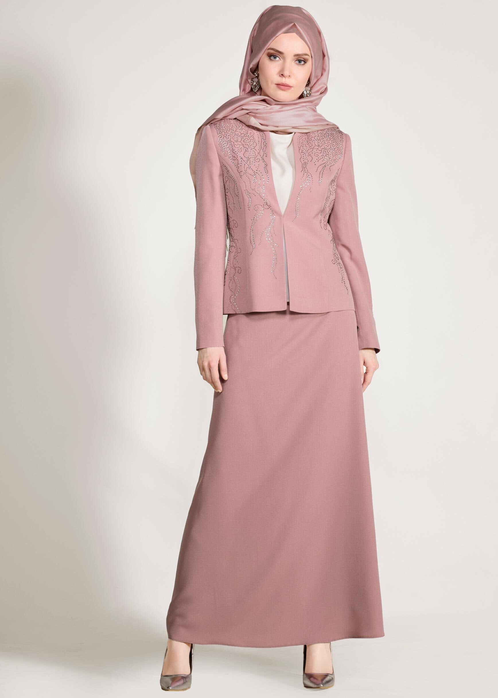 Tesettür giyim PUDRA CEKETİ TAŞLI 3&prime;LÜ ETEKLİ TAKIM 3441