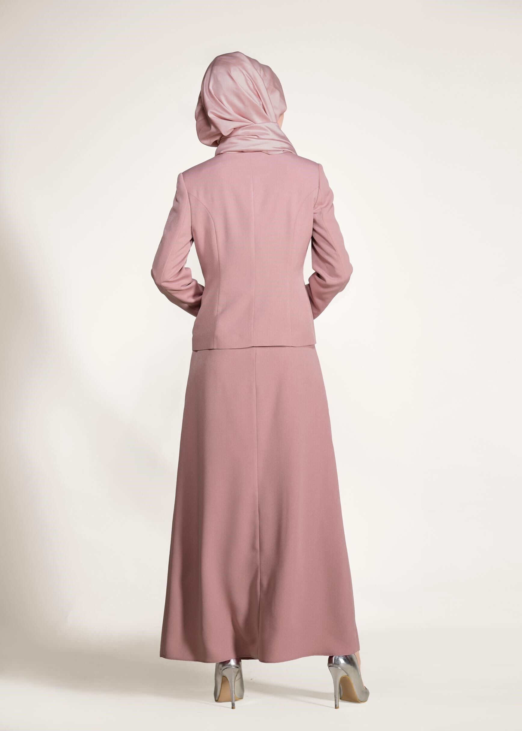 Tesettür giyim PUDRA CEKETİ TAŞLI 3&prime;LÜ ETEKLİ TAKIM 3441
