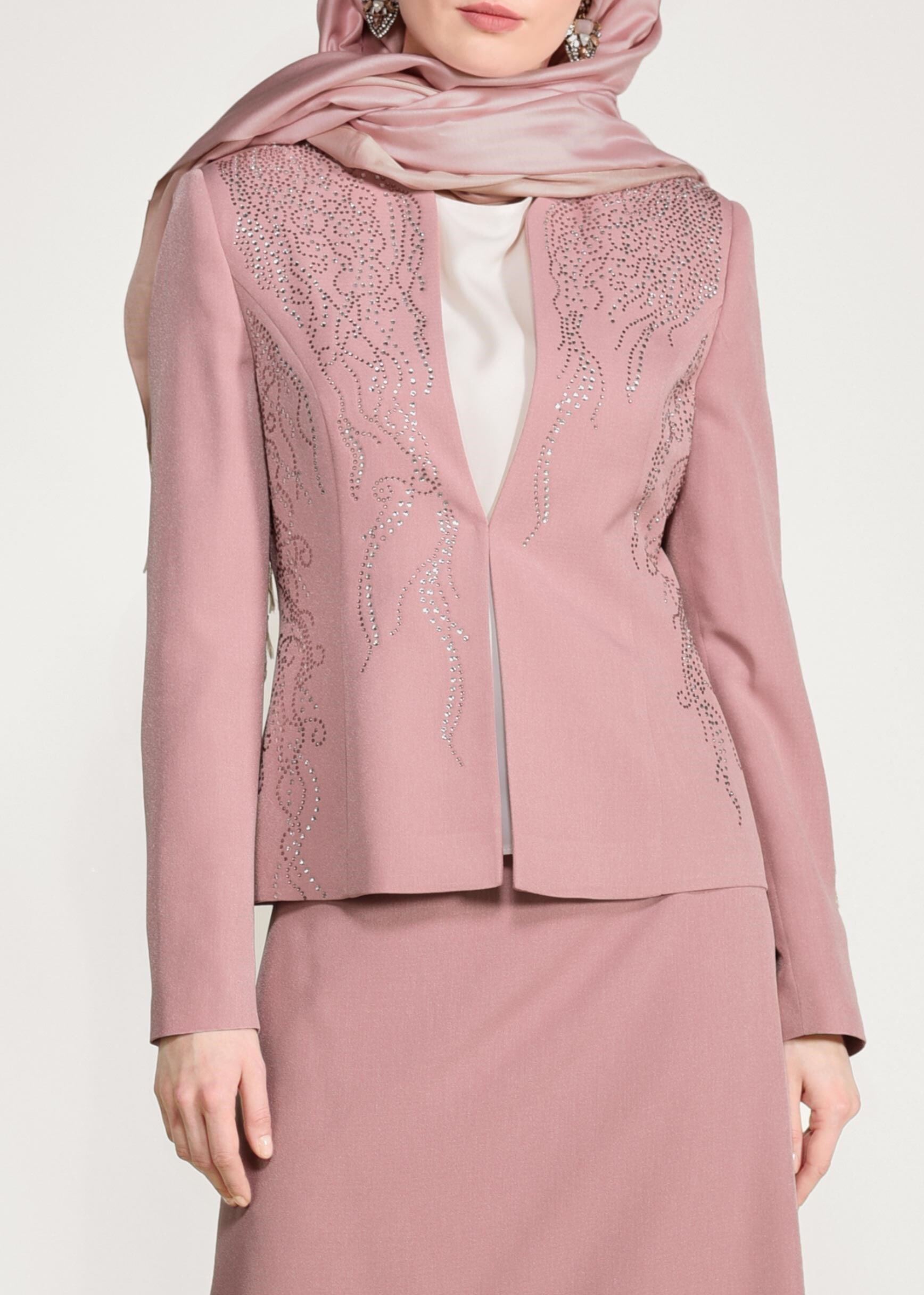 Tesettür giyim PUDRA CEKETİ TAŞLI 3&prime;LÜ ETEKLİ TAKIM 3441