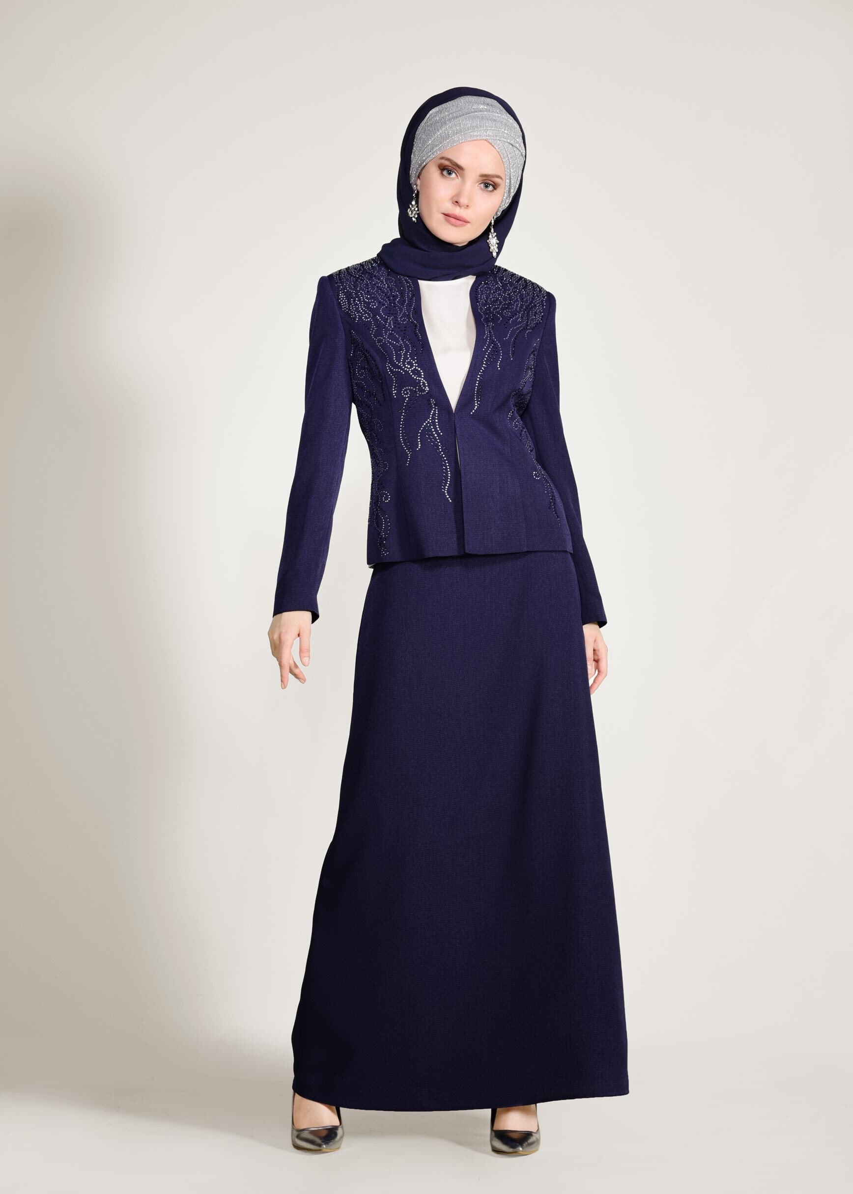 Tesettür giyim LACİVERT CEKETİ TAŞLI 3&prime;LÜ ETEKLİ TAKIM 3441