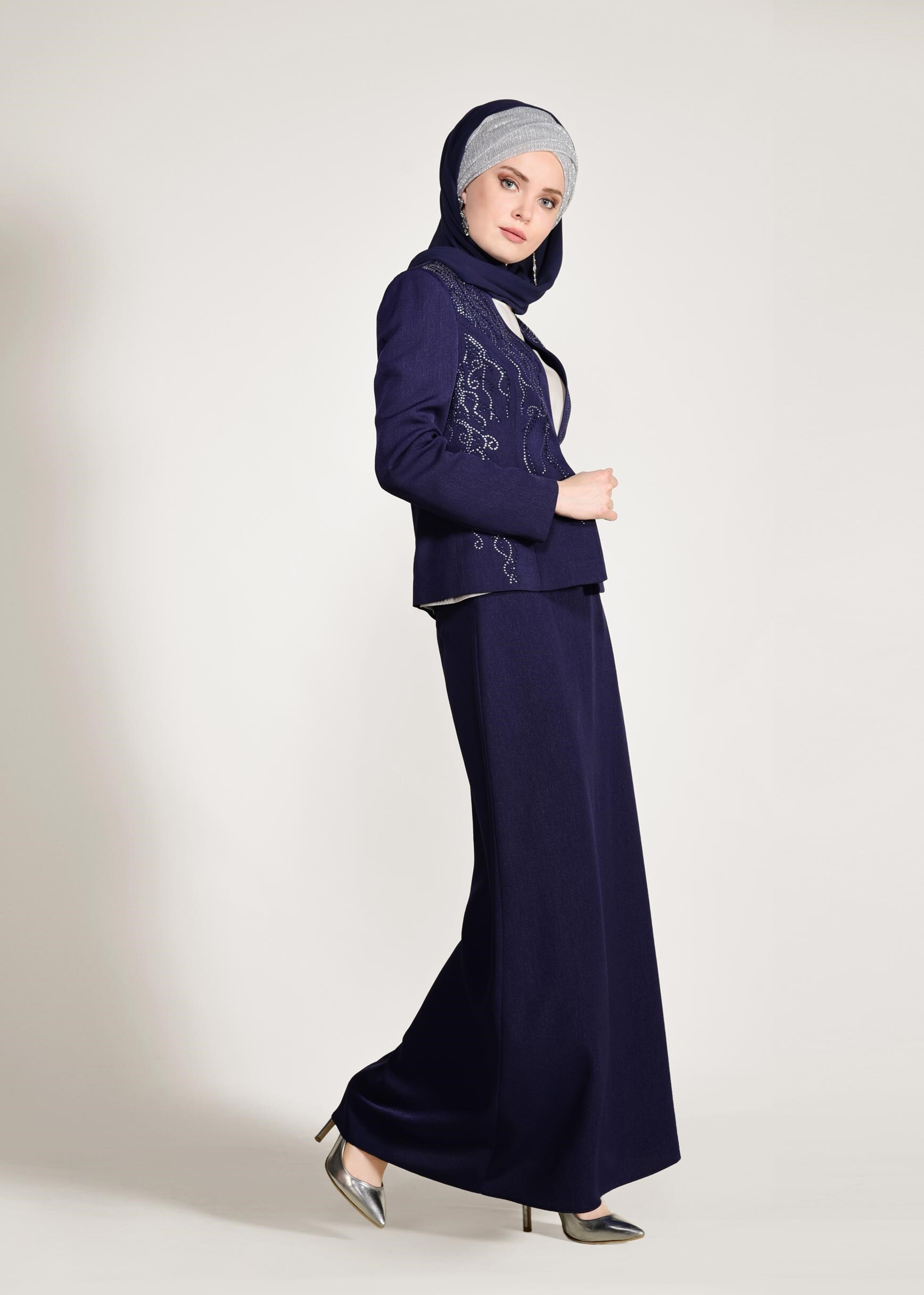 Tesettür giyim LACİVERT CEKETİ TAŞLI 3&prime;LÜ ETEKLİ TAKIM 3441
