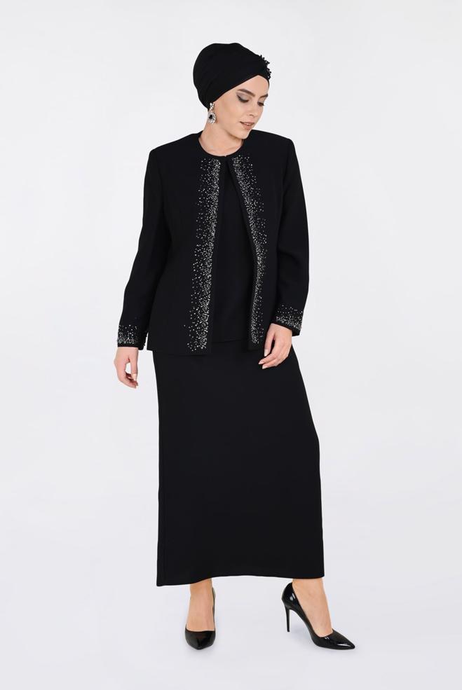 Tesettür giyim SİYAH TAŞ İŞLEMELİ 3′LÜ ETEKLİ TAKIM 3467E - ALVİNA