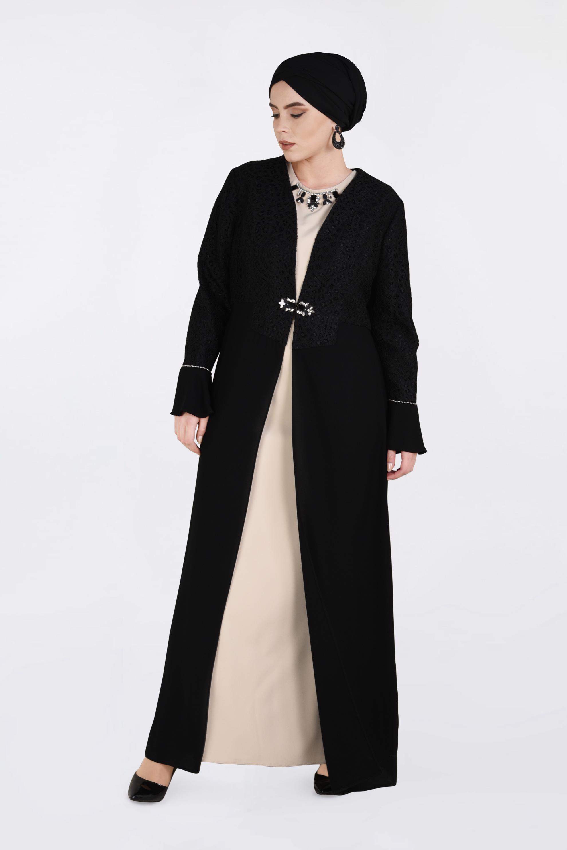 Tesettür giyim SİYAH GÜPÜR İŞLEMELİ 2&prime;Lİ ELBİSELİ TAKIM 3414