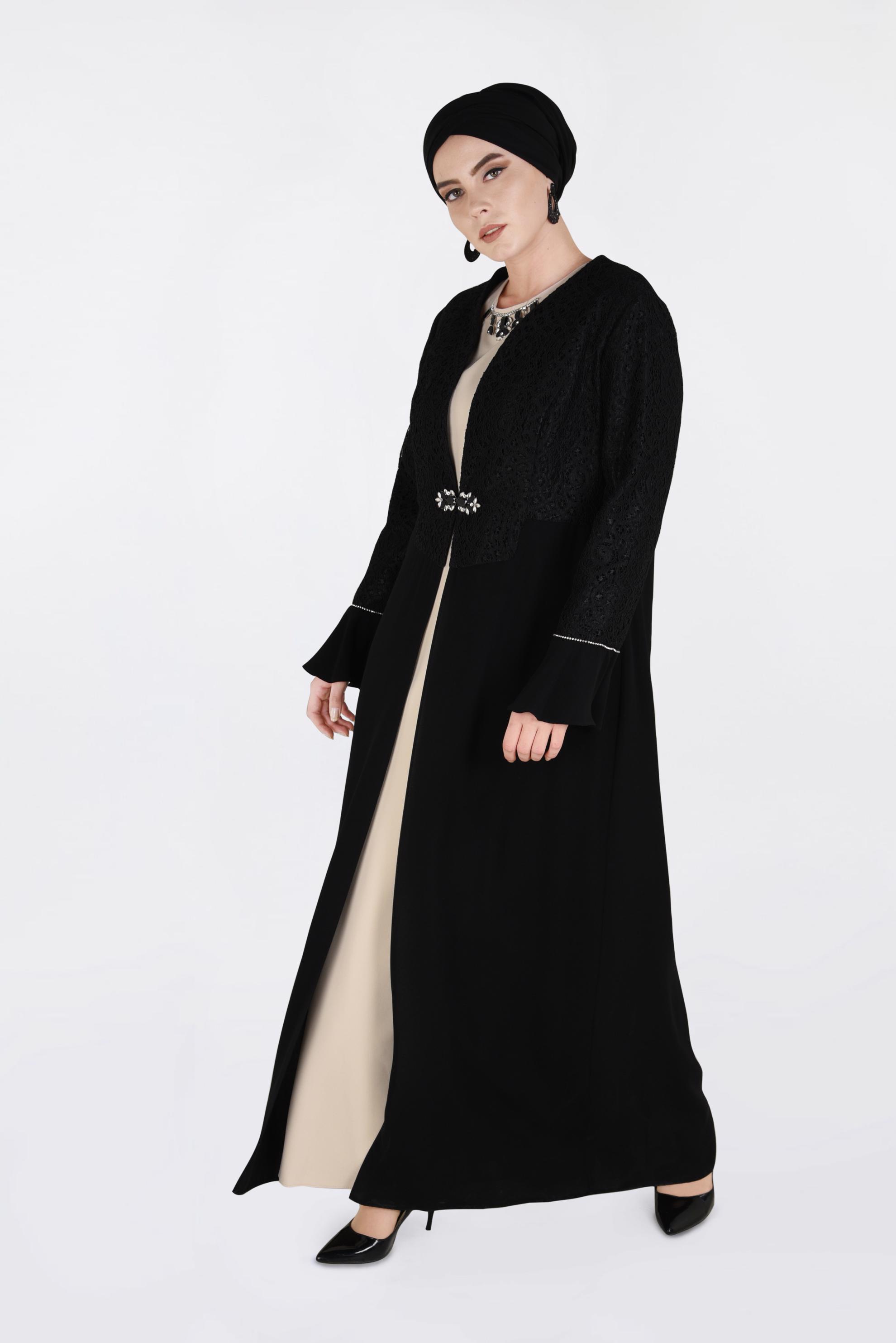 Tesettür giyim SİYAH GÜPÜR İŞLEMELİ 2&prime;Lİ ELBİSELİ TAKIM 3414