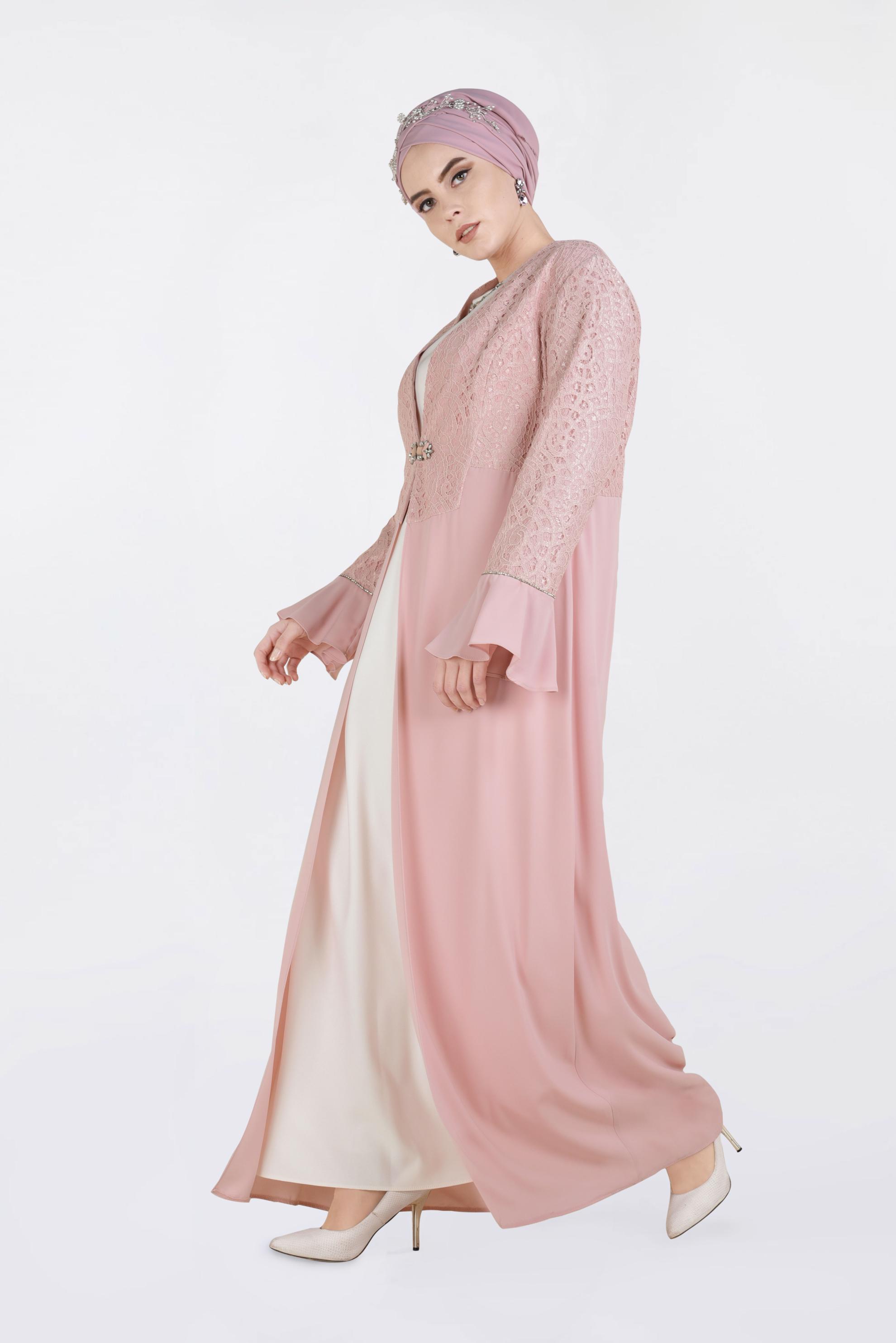 Tesettür giyim PUDRA GÜPÜR İŞLEMELİ 2′Lİ ELBİSELİ TAKIM 3414