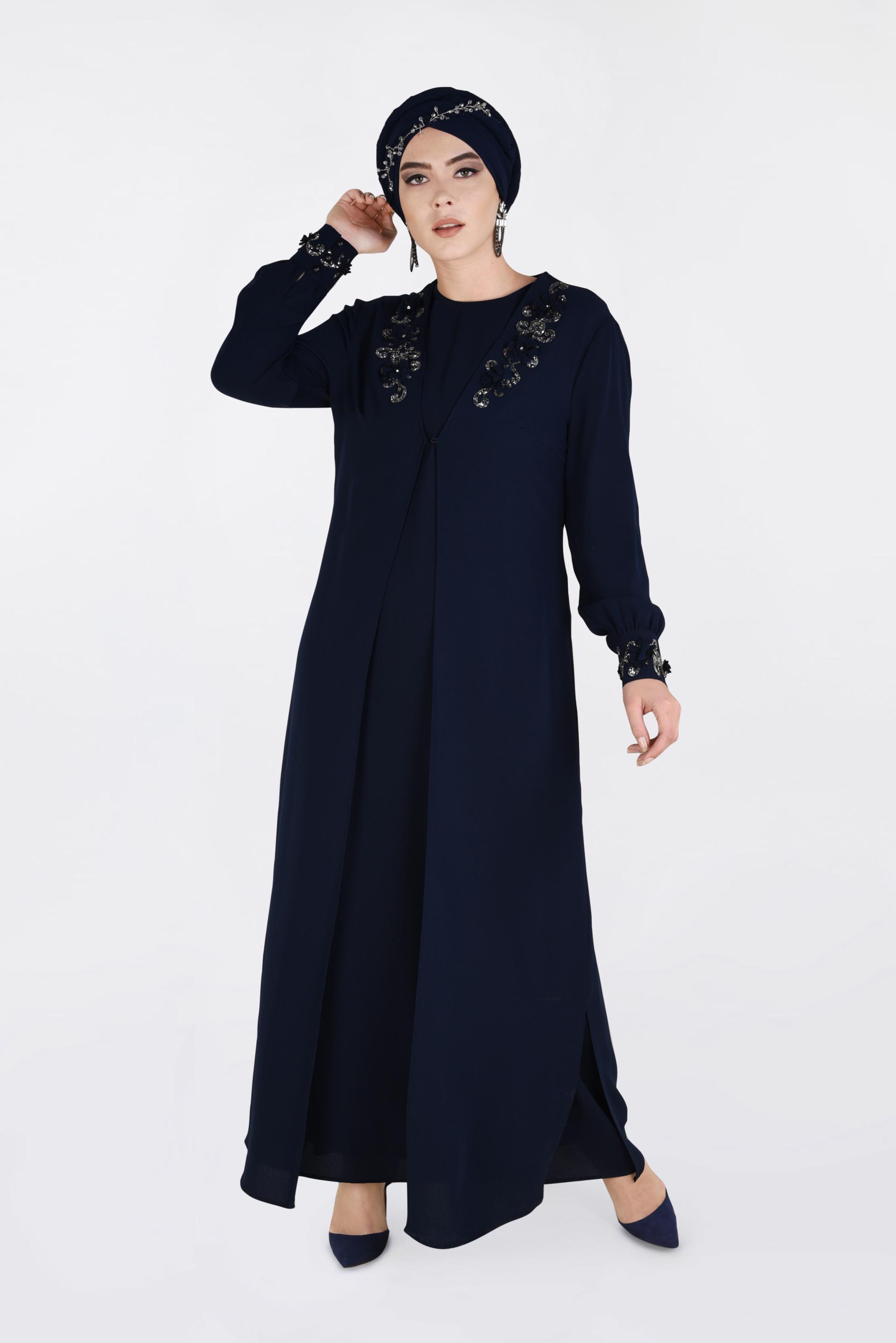 Tesettür giyim LACİVERT BONCUK İŞLEMELİ 2&prime;Lİ ELBİSELİ TAKIM 3417
