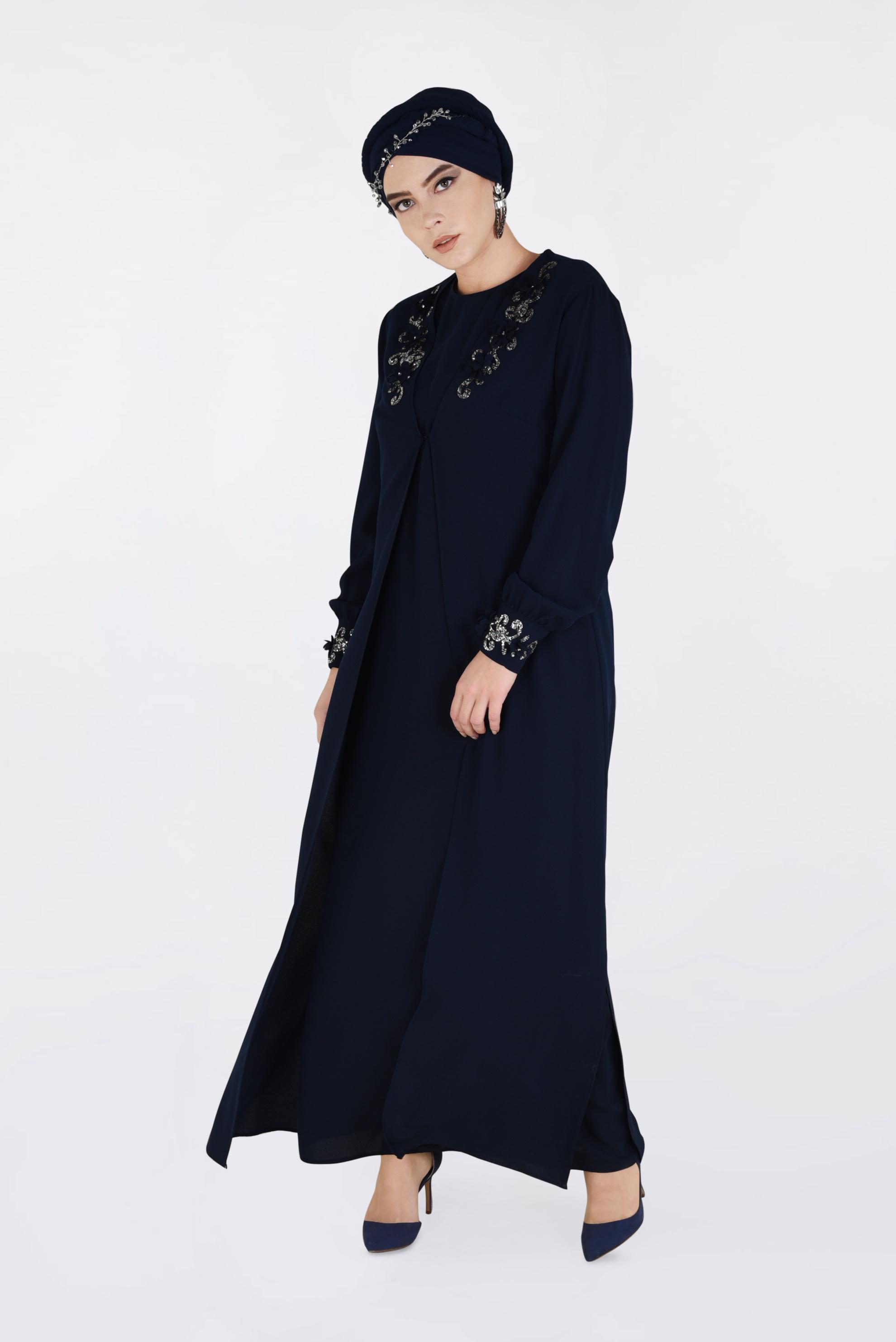 Tesettür giyim LACİVERT BONCUK İŞLEMELİ 2&prime;Lİ ELBİSELİ TAKIM 3417